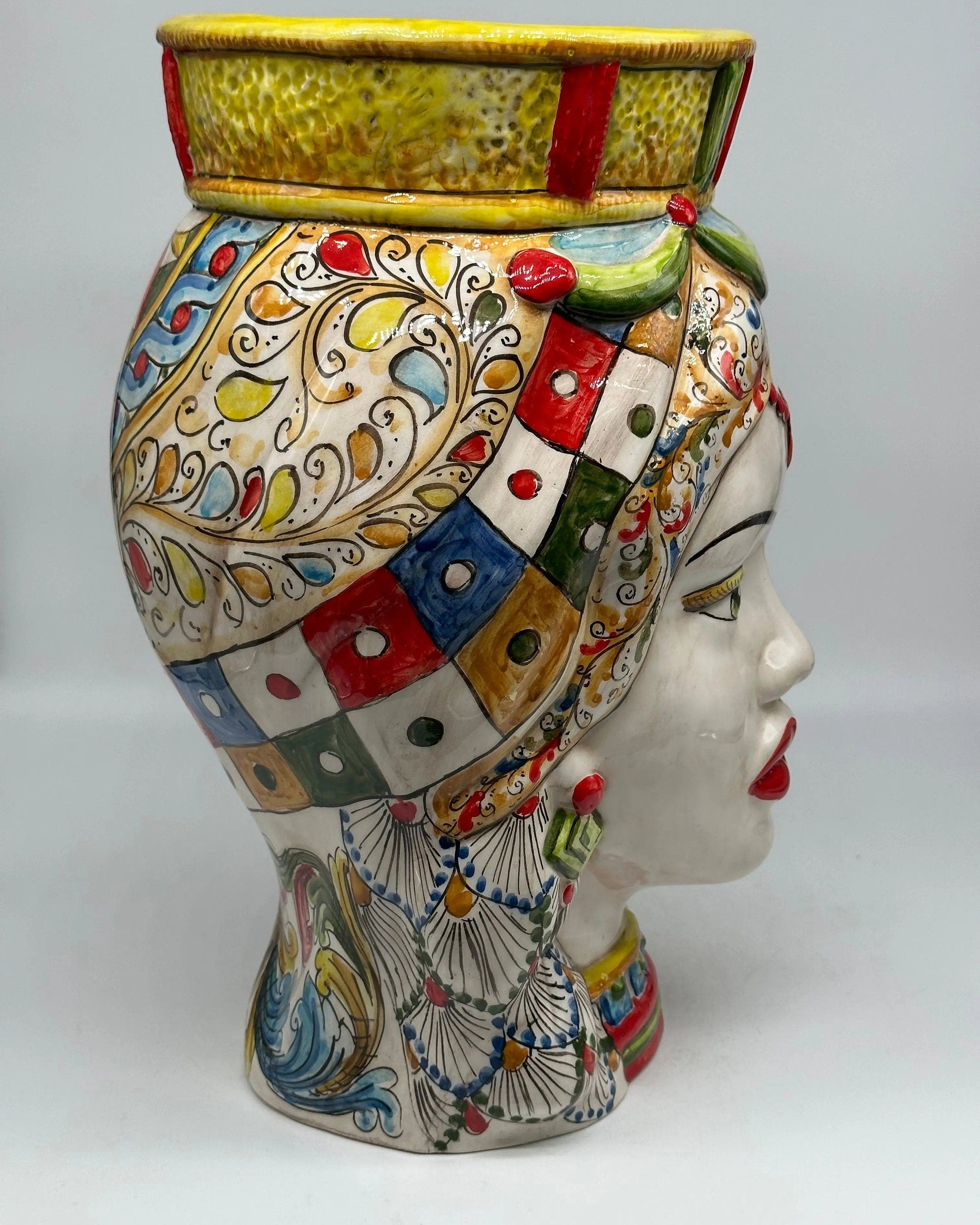 Teste di Moro Saturno Ceramica Caltagirone cm H.37 L.22 Artigianale Decoro “Carretto” DD CERAMICHE SICILIANE