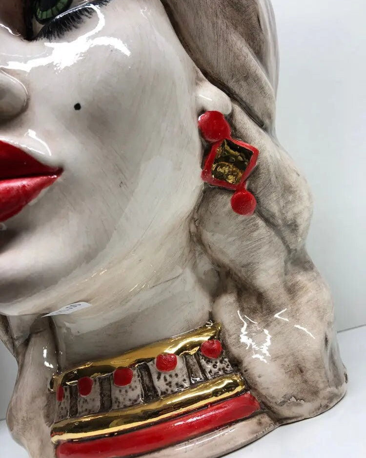 Teste di Moro Corona Retta Ceramica Caltagirone cm H.38 L.24 Artigianale dettagli Rosso Oro DD CERAMICHE SICILIANE