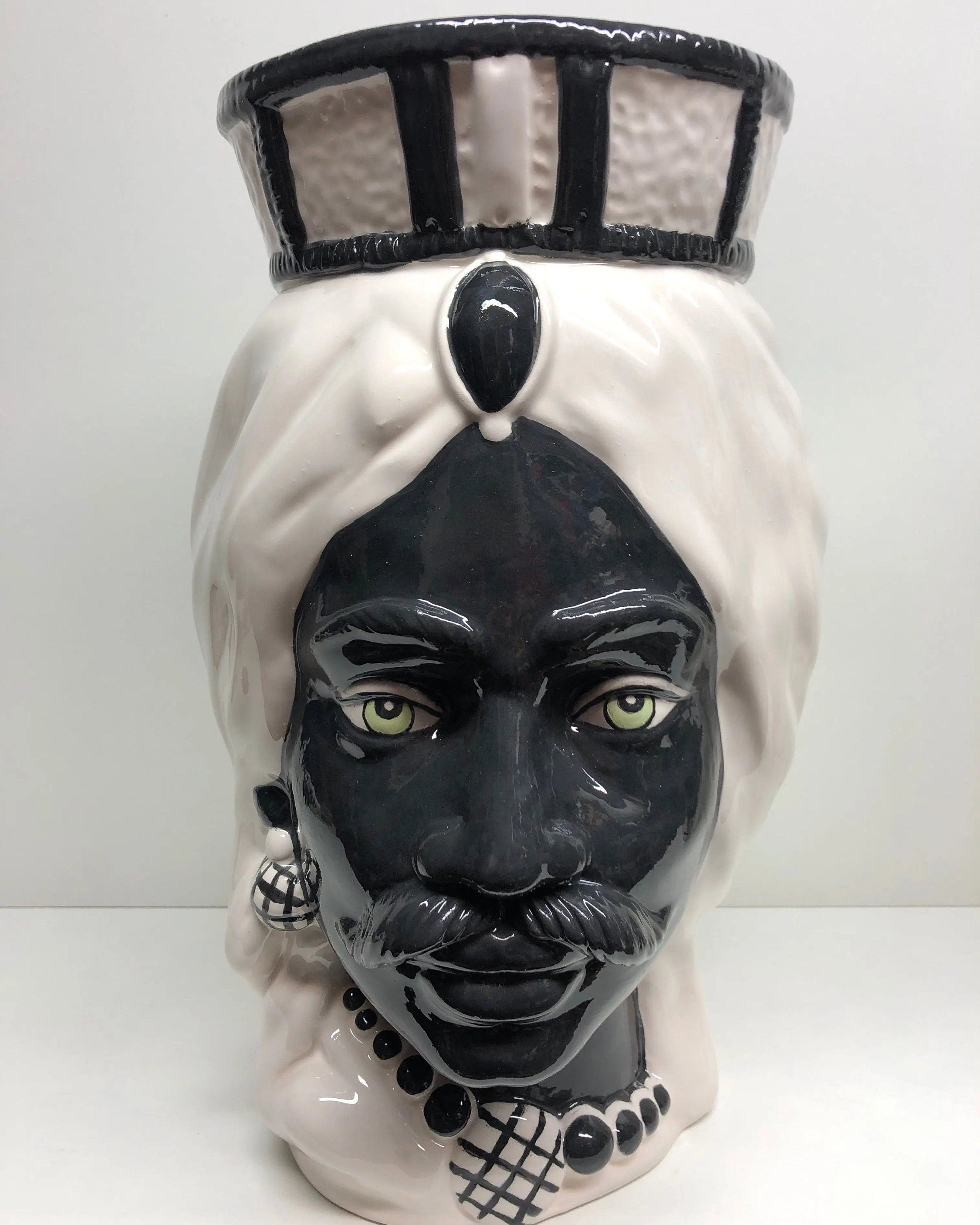 Teste di Moro Corona Retta Ceramica Caltagirone cm H.38 L.24 Artigianale Bianco Nero DD CERAMICHE SICILIANE
