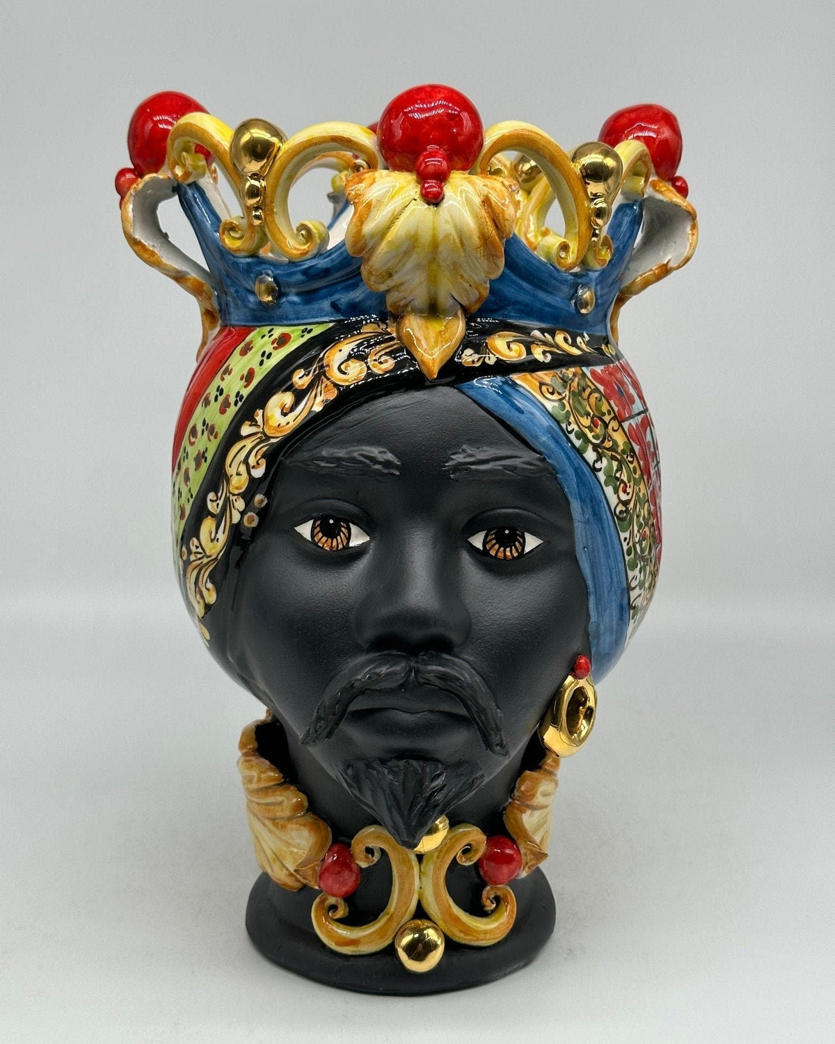 Teste di Moro Diana “Carretto” Ceramica Caltagirone cm H.30 L.20 Artigianale Écru Oro Sfere Rosso - DD CERAMICHE SICILIANE