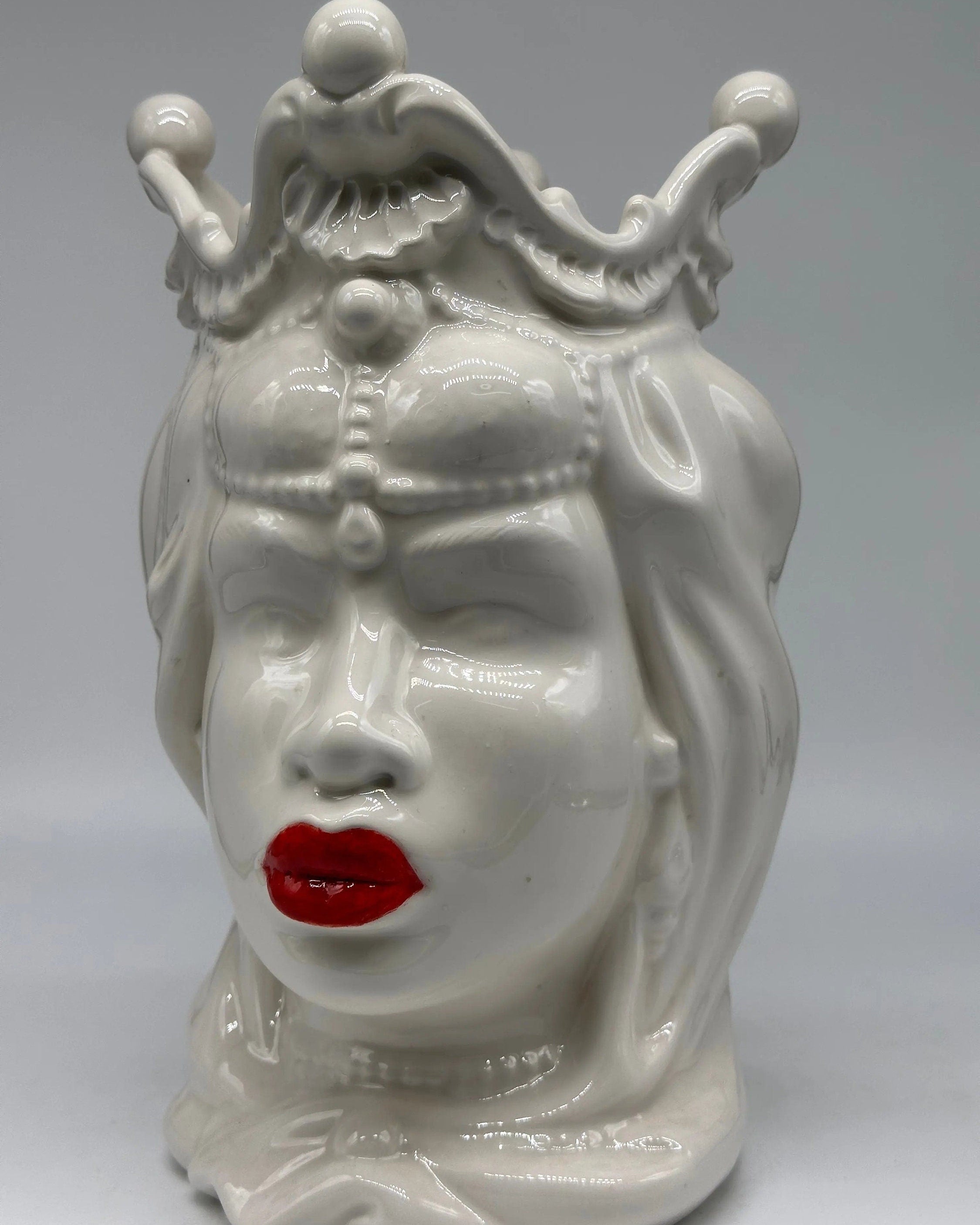 Teste di Moro Emiro Ceramica Caltagirone cm H.30 L.18 Artigianale Bianco Labbra Rosse DD CERAMICHE SICILIANE