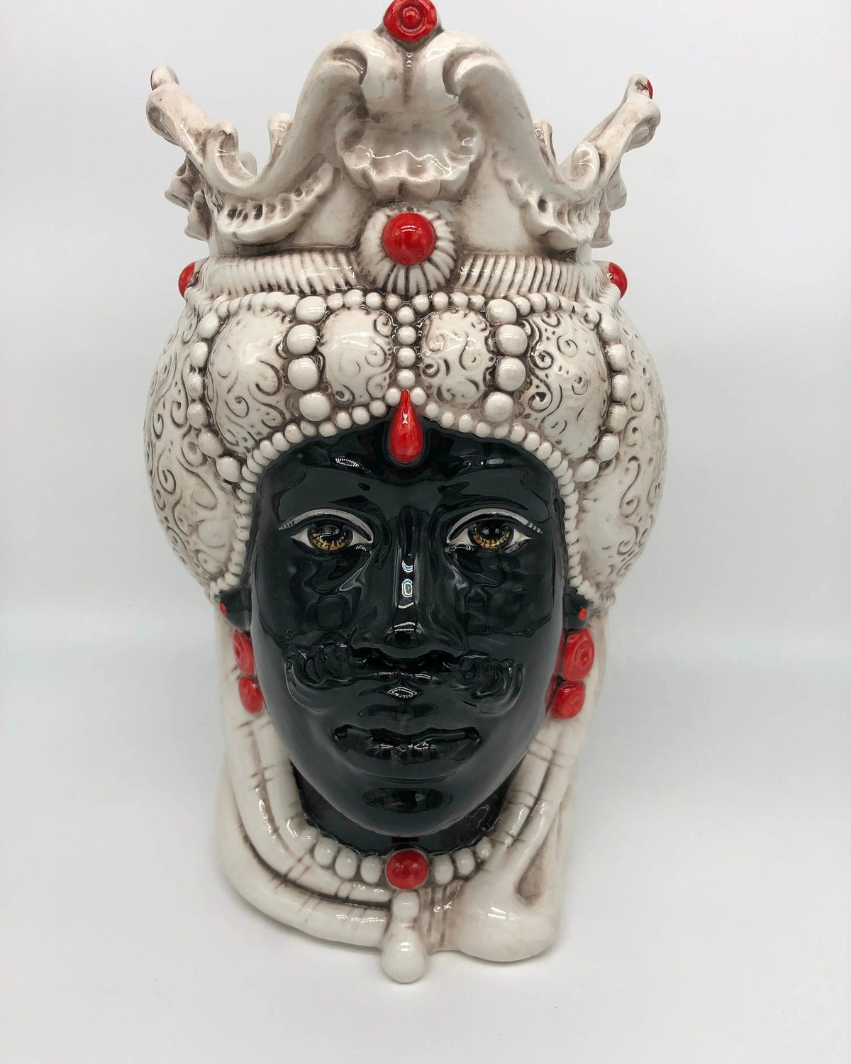 Teste di Moro Emiro Ceramica Caltagirone cm H.30 L.18 Artigianale Écru Sfere Rosso DD CERAMICHE SICILIANE