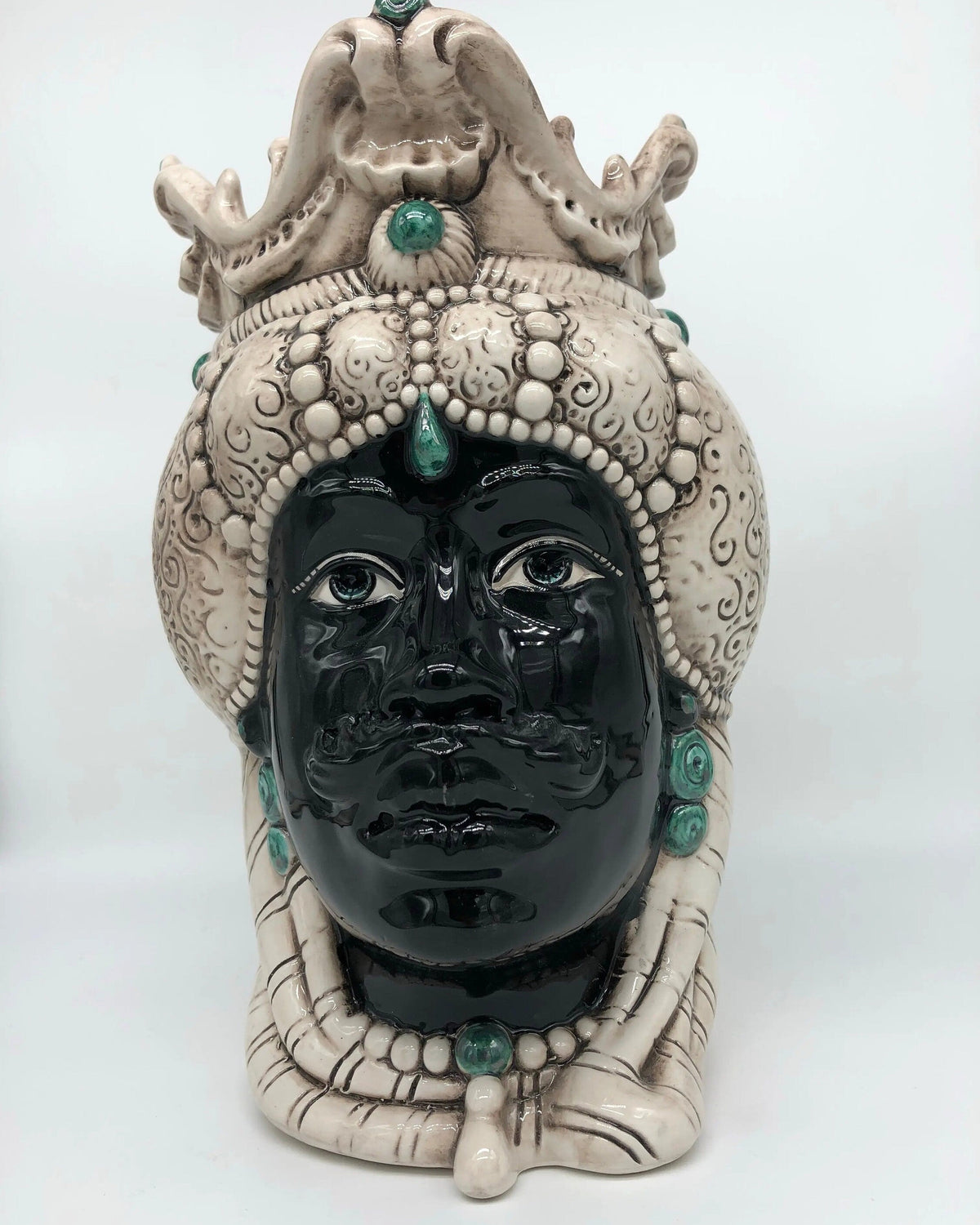Teste di Moro Emiro Ceramica Caltagirone cm H.30 L.18 Artigianale Écru Sfere Verde DD CERAMICHE SICILIANE
