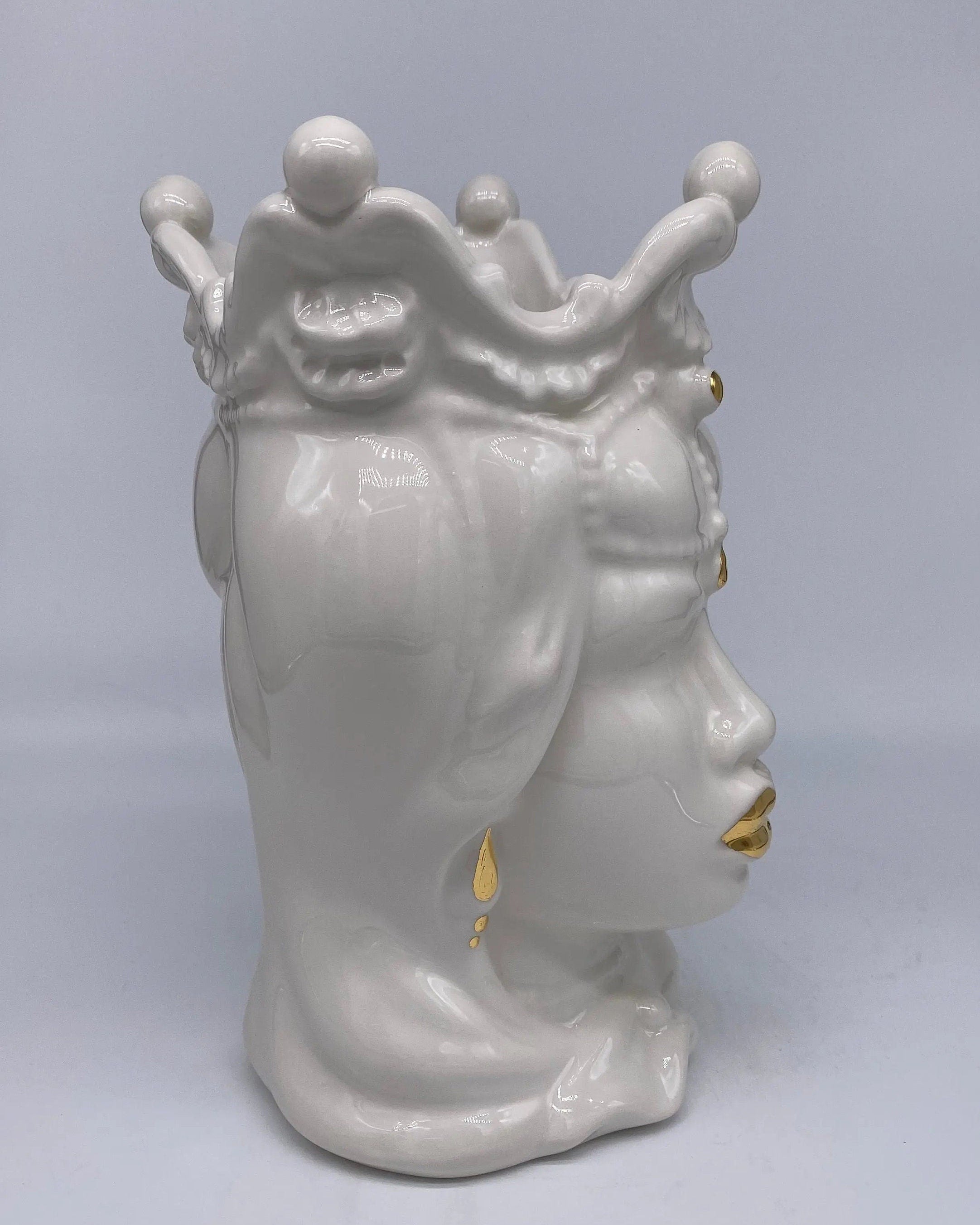Teste di Moro Emiro Ceramica Caltagirone cm H.30 L.18 Artigianale Bianco e Oro DD CERAMICHE SICILIANE