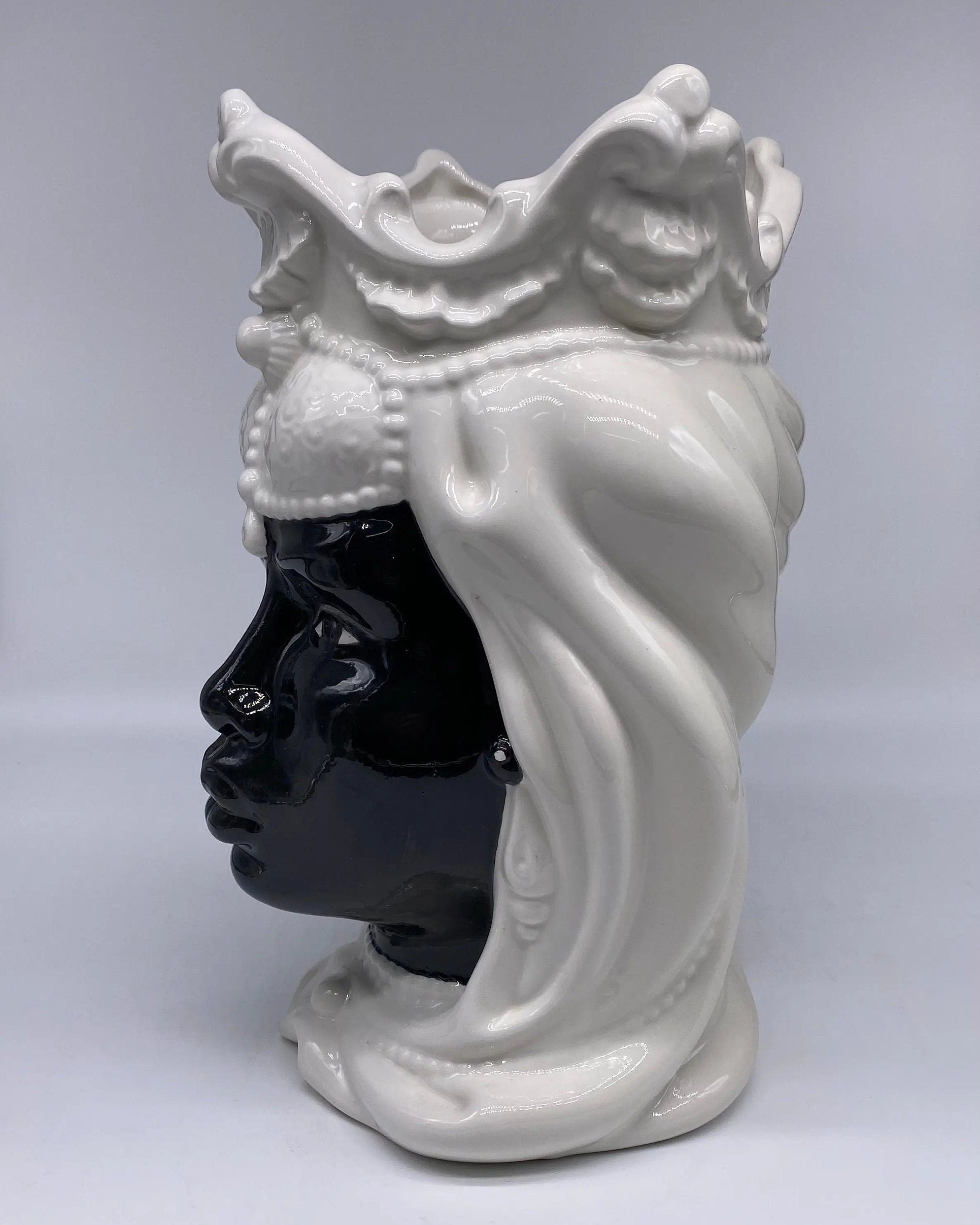 Teste di Moro Emiro Ceramica Caltagirone cm H.30 L.18 Artigianale Bianco Nero DD CERAMICHE SICILIANE