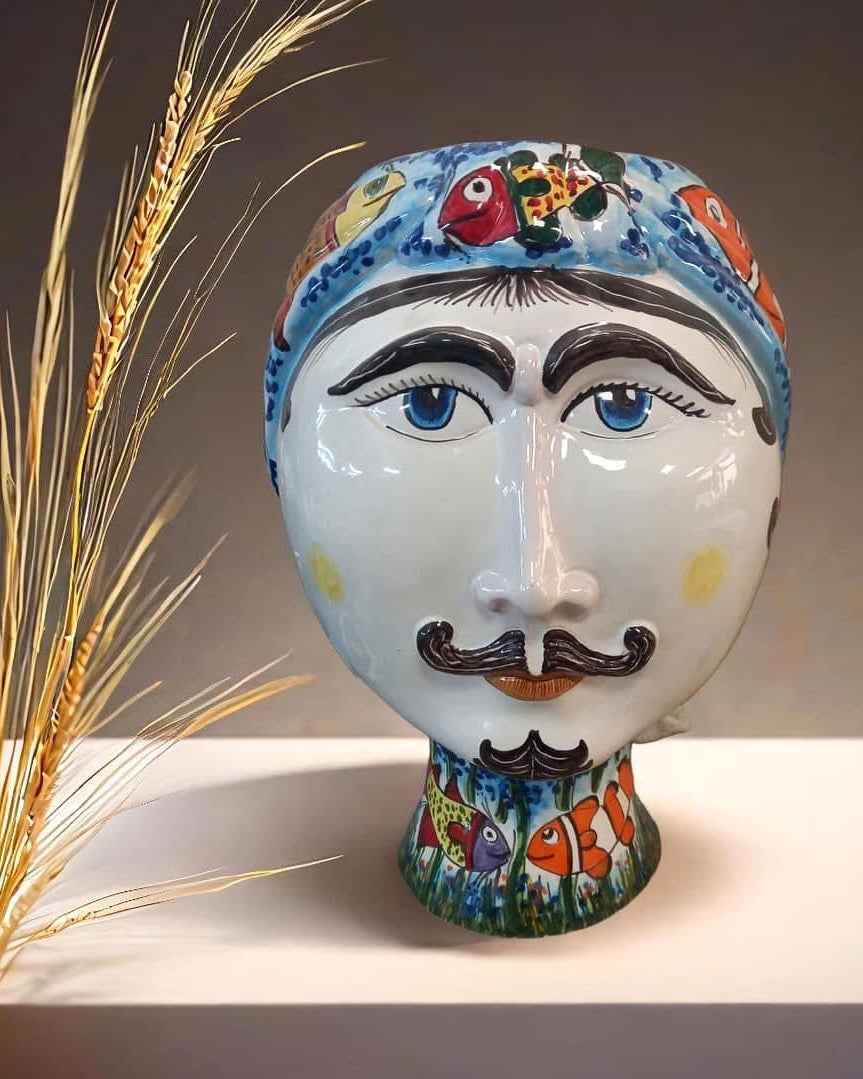 Teste di Moro “Gino & Fina” Ceramica Caltagirone cm H.40 L.30 Artigianale Decoro Pesci - Gino - TESTA DI MORO