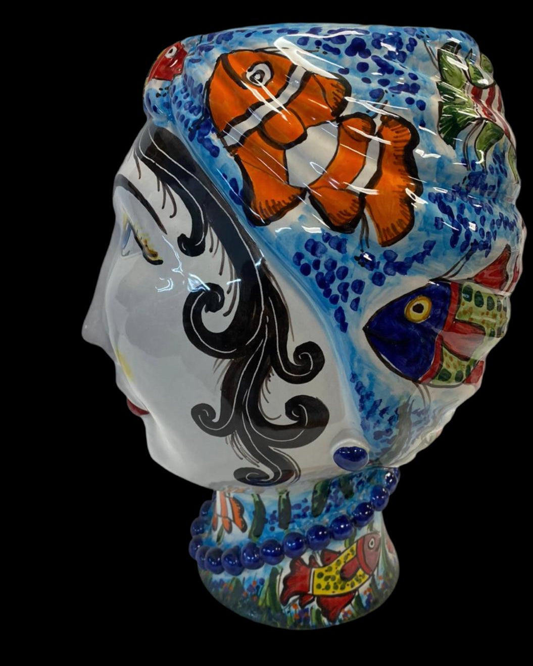 Teste di Moro “Gino & Fina” Ceramica Caltagirone cm H.40 L.30 Artigianale Decoro Pesci - TESTA DI MORO