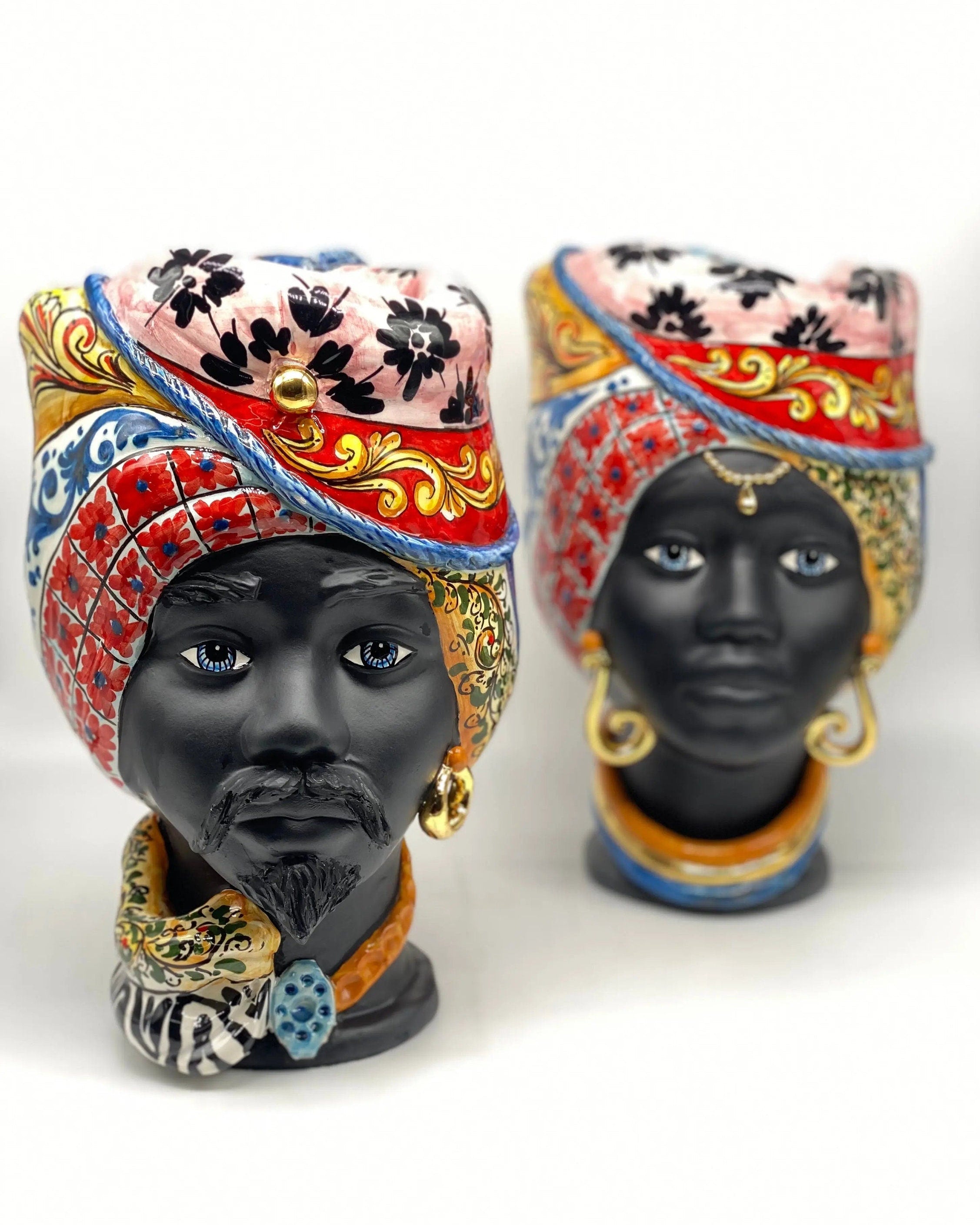 Teste di Moro Horus Ceramica Caltagirone cm H.30 L.18 Artigianale Decorazione “Carretto” DD CERAMICHE SICILIANE
