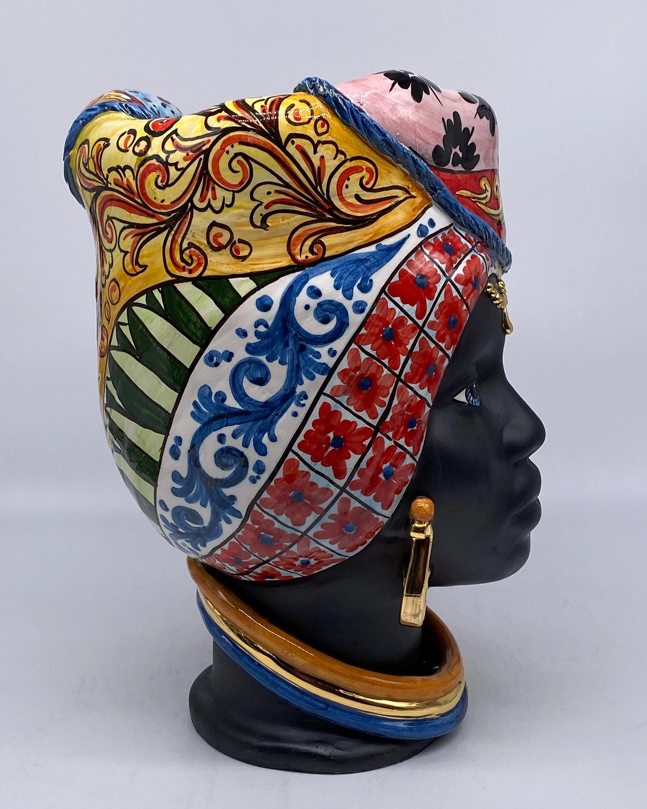 Teste di Moro Horus Ceramica Caltagirone cm H.30 L.18 Artigianale Decorazione “Carretto” DD CERAMICHE SICILIANE