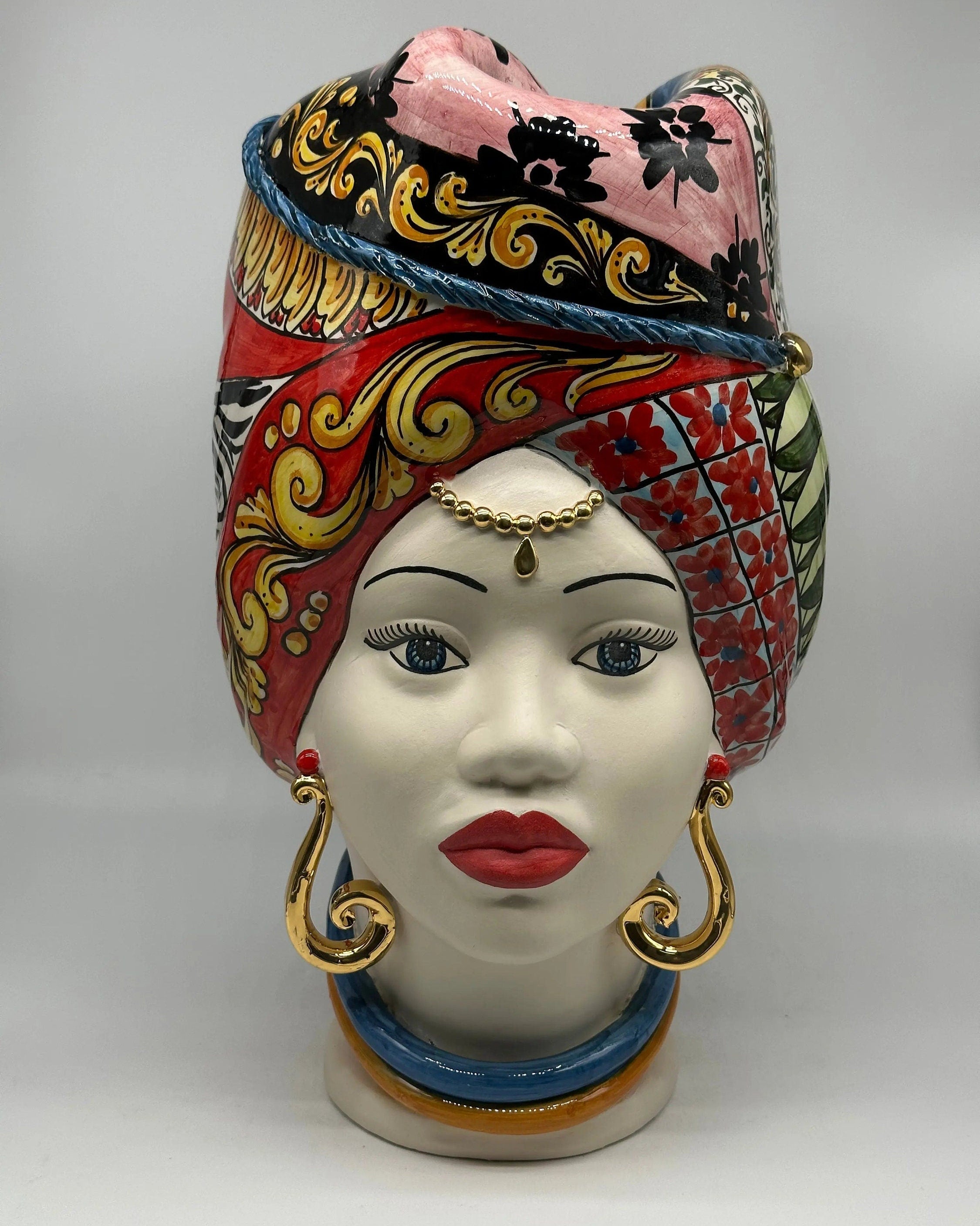 Teste di Moro Horus Ceramica Caltagirone cm H.40 L.23 Artigianale Decorazione “Carretto2” DD CERAMICHE SICILIANE