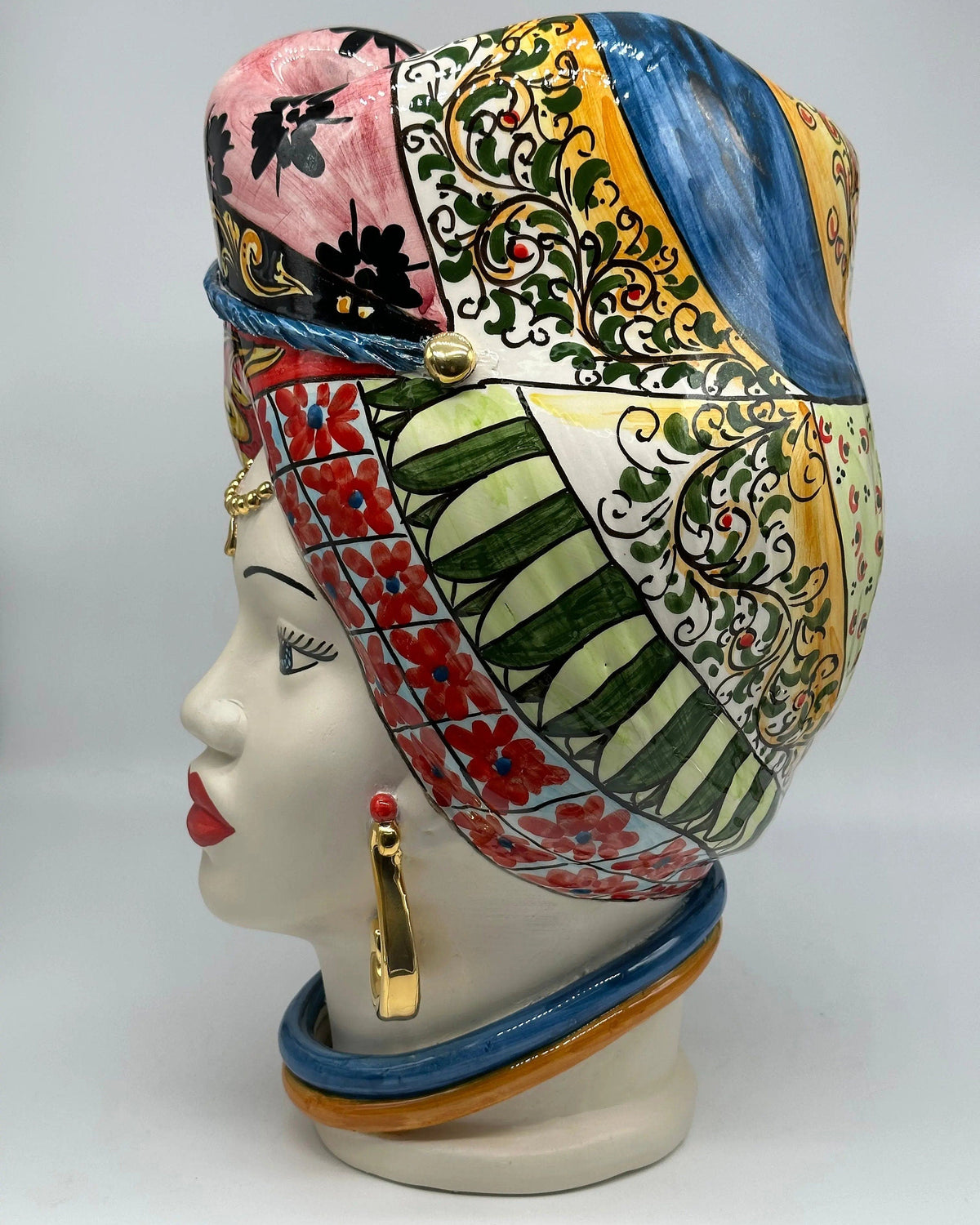 Teste di Moro Horus Ceramica Caltagirone cm H.40 L.23 Artigianale Decorazione “Carretto2” DD CERAMICHE SICILIANE