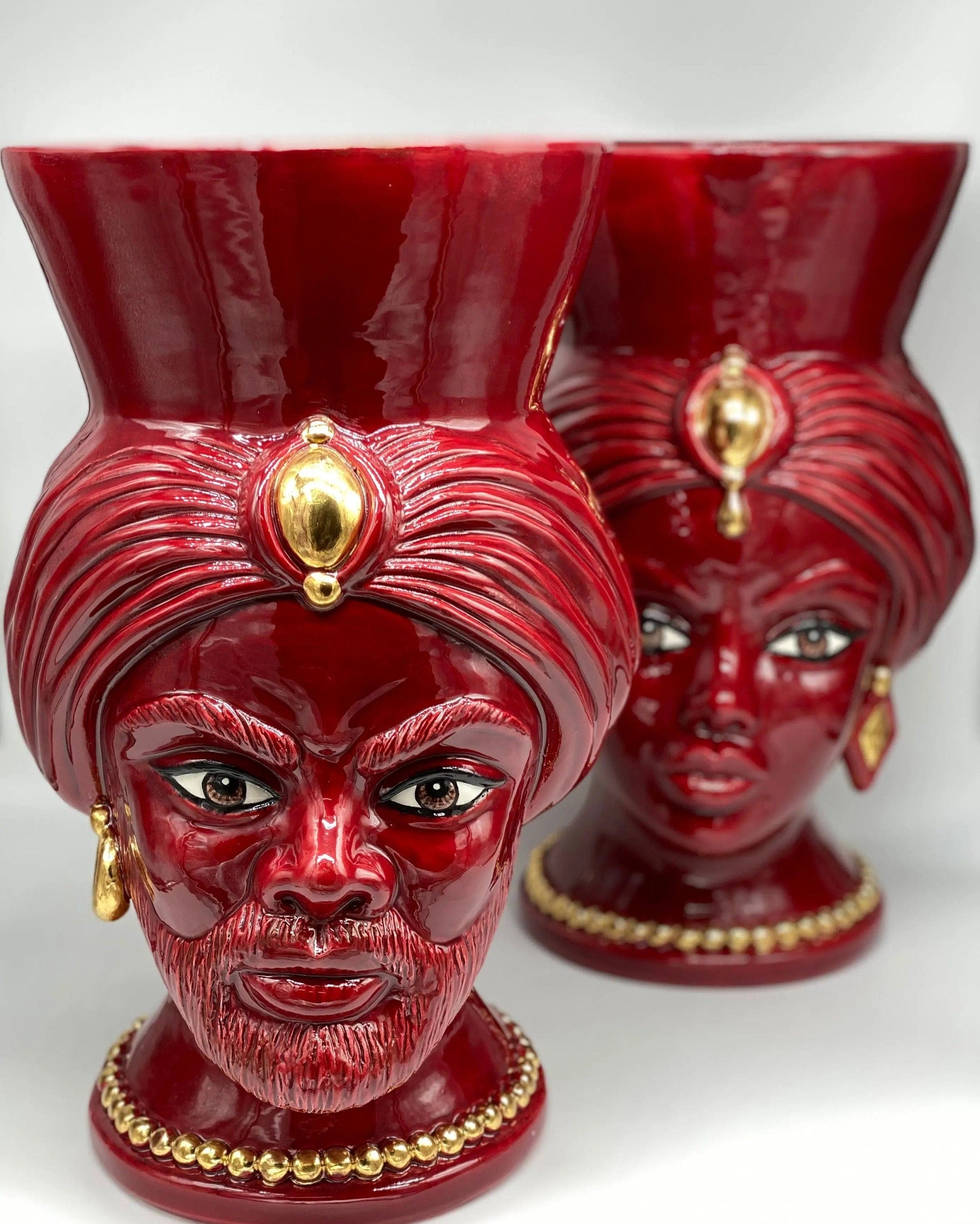 Teste di Moro Iris Ceramica Caltagirone cm H.40 L.23 Artigianale Bordeaux Oro Zecchino DD CERAMICHE SICILIANE