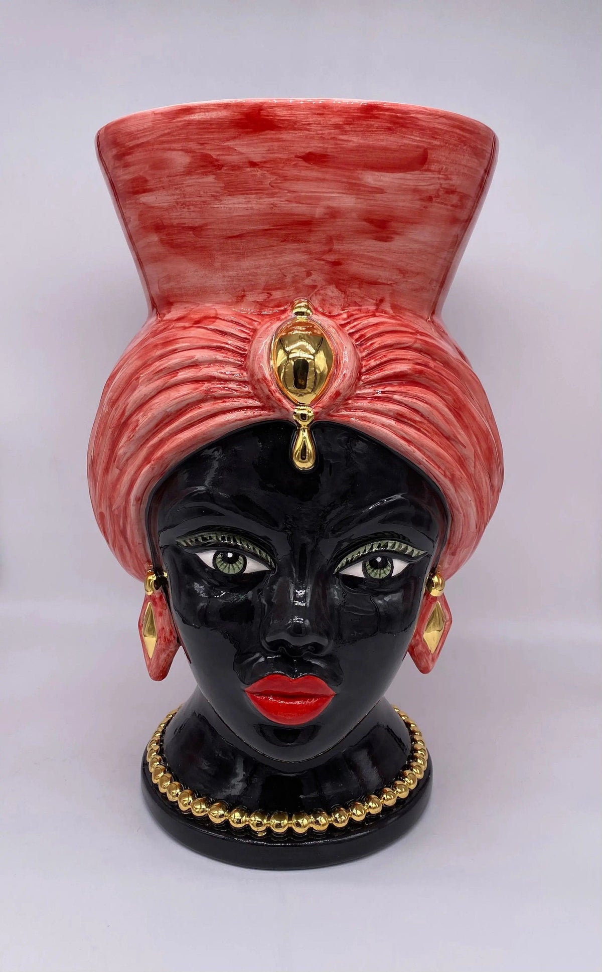 Teste di Moro Iris Ceramica Caltagirone cm H.40 L.23 Artigianale Rosso Oro Zecchino DD CERAMICHE SICILIANE