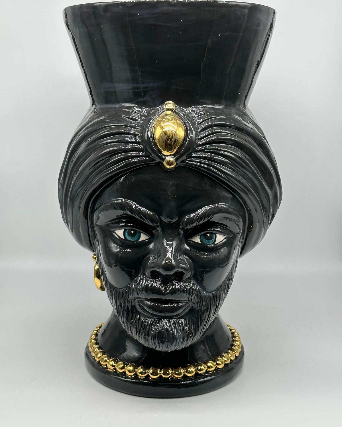 Teste di Moro Iris Ceramica Caltagirone cm H.40 L.23 Artigianale Nero Oro Zecchino DD CERAMICHE SICILIANE