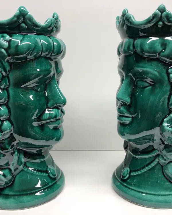 Teste di Moro Kalat Frutta Ceramica Caltagirone cm H.26 L.16 Artigianale Verde Cristallo DD CERAMICHE SICILIANE