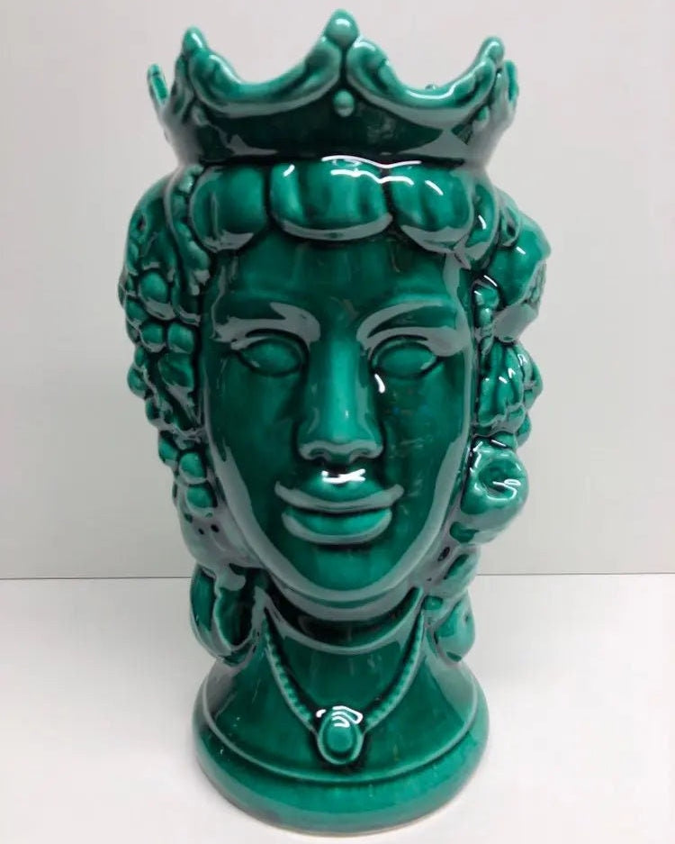 Teste di Moro Kalat Frutta Ceramica Caltagirone cm H.26 L.16 Artigianale Verde Cristallo DD CERAMICHE SICILIANE