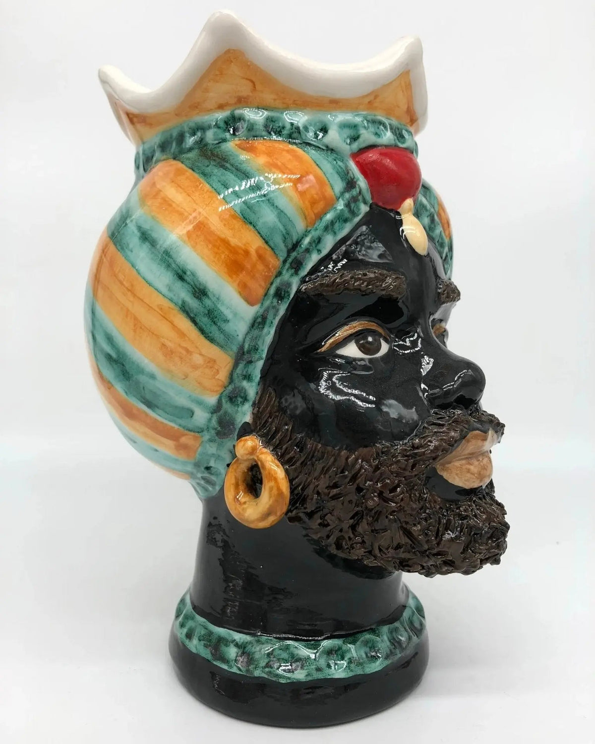 Teste di Moro Luis Ceramica Caltagirone cm H.22 L.15 Artigianale Turbante Liscio Verde Ocra Rosso - DD CERAMICHE SICILIANE
