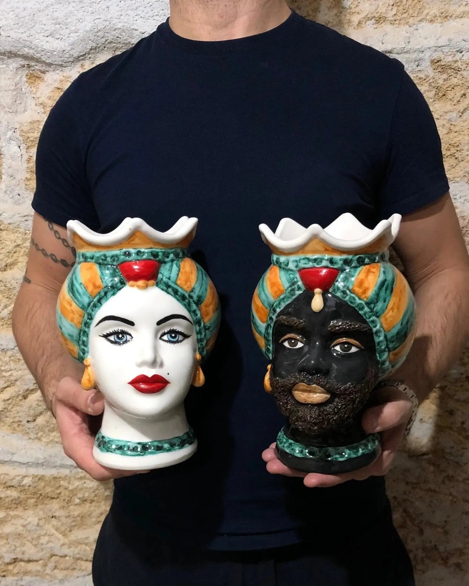 Teste di Moro Luis Ceramica Caltagirone cm H.22 L.15 Artigianale Turbante Liscio Verde Ocra Rosso - DD CERAMICHE SICILIANE