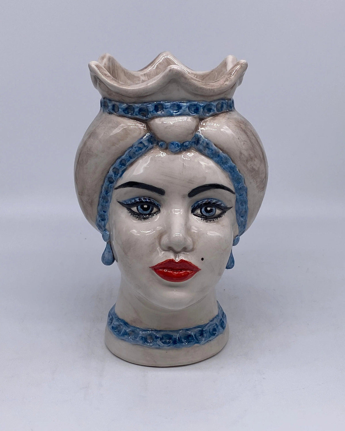 Teste di Moro Luis Ceramica Caltagirone cm H.22 L.15 Artigianale Turbante Liscio Écru Blu DD CERAMICHE SICILIANE