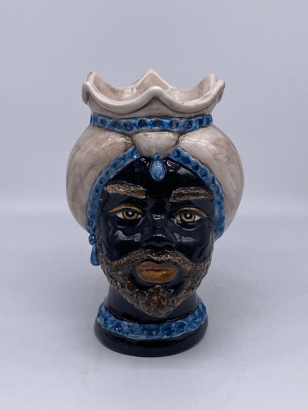 Teste di Moro Luis Ceramica Caltagirone cm H.22 L.15 Artigianale Turbante Liscio Écru Blu DD CERAMICHE SICILIANE