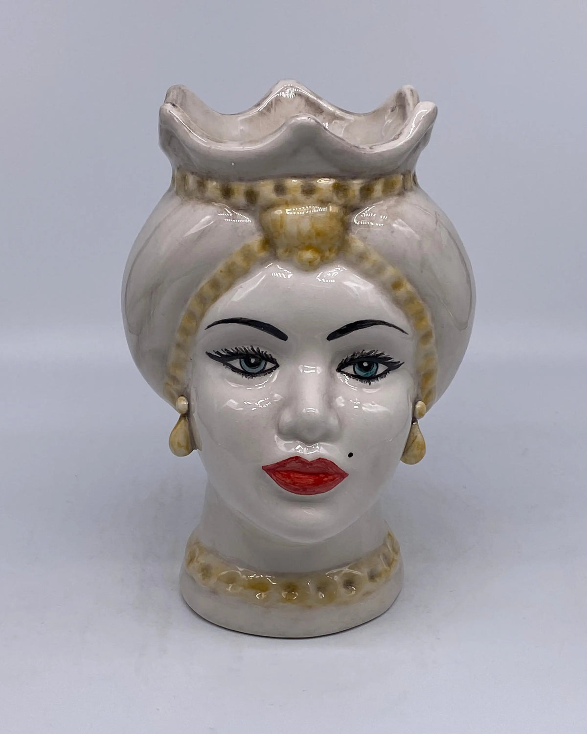 Teste di Moro Luis Ceramica Caltagirone cm H.22 L.15 Artigianale Turbante Liscio Écru Giallo DD CERAMICHE SICILIANE