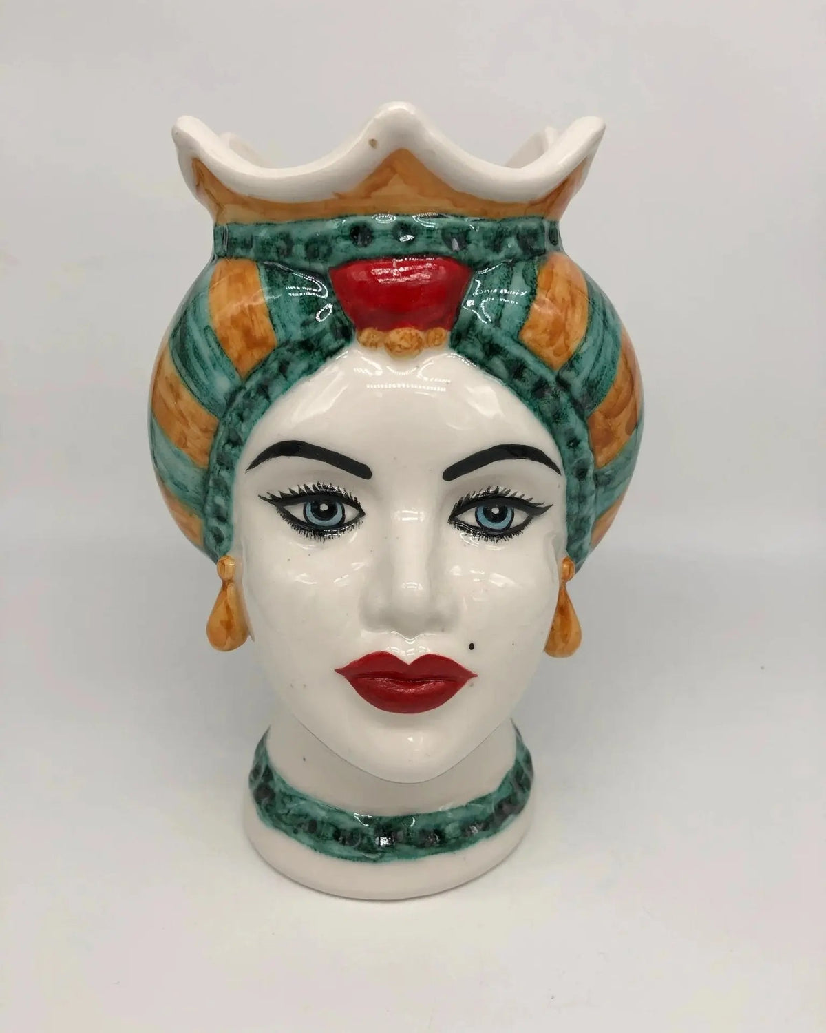 Teste di Moro Luis Ceramica Caltagirone cm H.22 L.15 Artigianale Turbante Liscio Verde Ocra Rosso - DD CERAMICHE SICILIANE