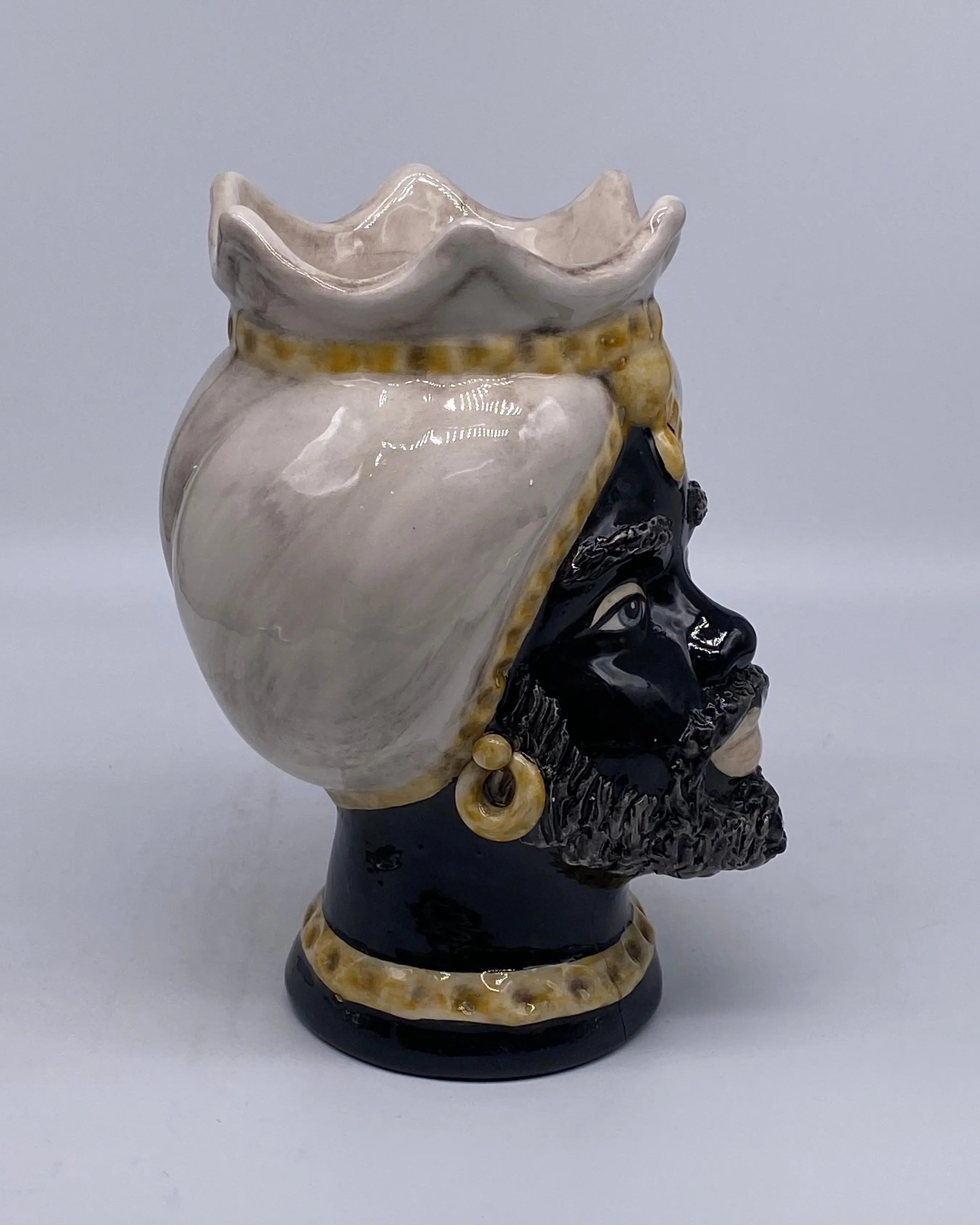 Teste di Moro Luis Ceramica Caltagirone cm H.22 L.15 Artigianale Turbante Liscio Écru Giallo DD CERAMICHE SICILIANE