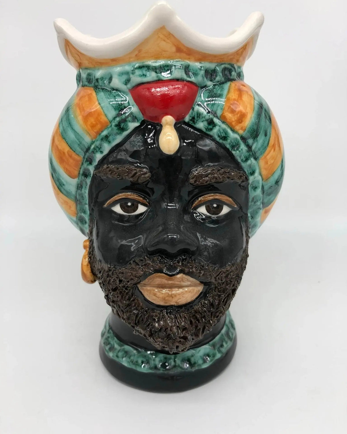 Teste di Moro Luis Ceramica Caltagirone cm H.22 L.15 Artigianale Turbante Liscio Verde Ocra Rosso - DD CERAMICHE SICILIANE