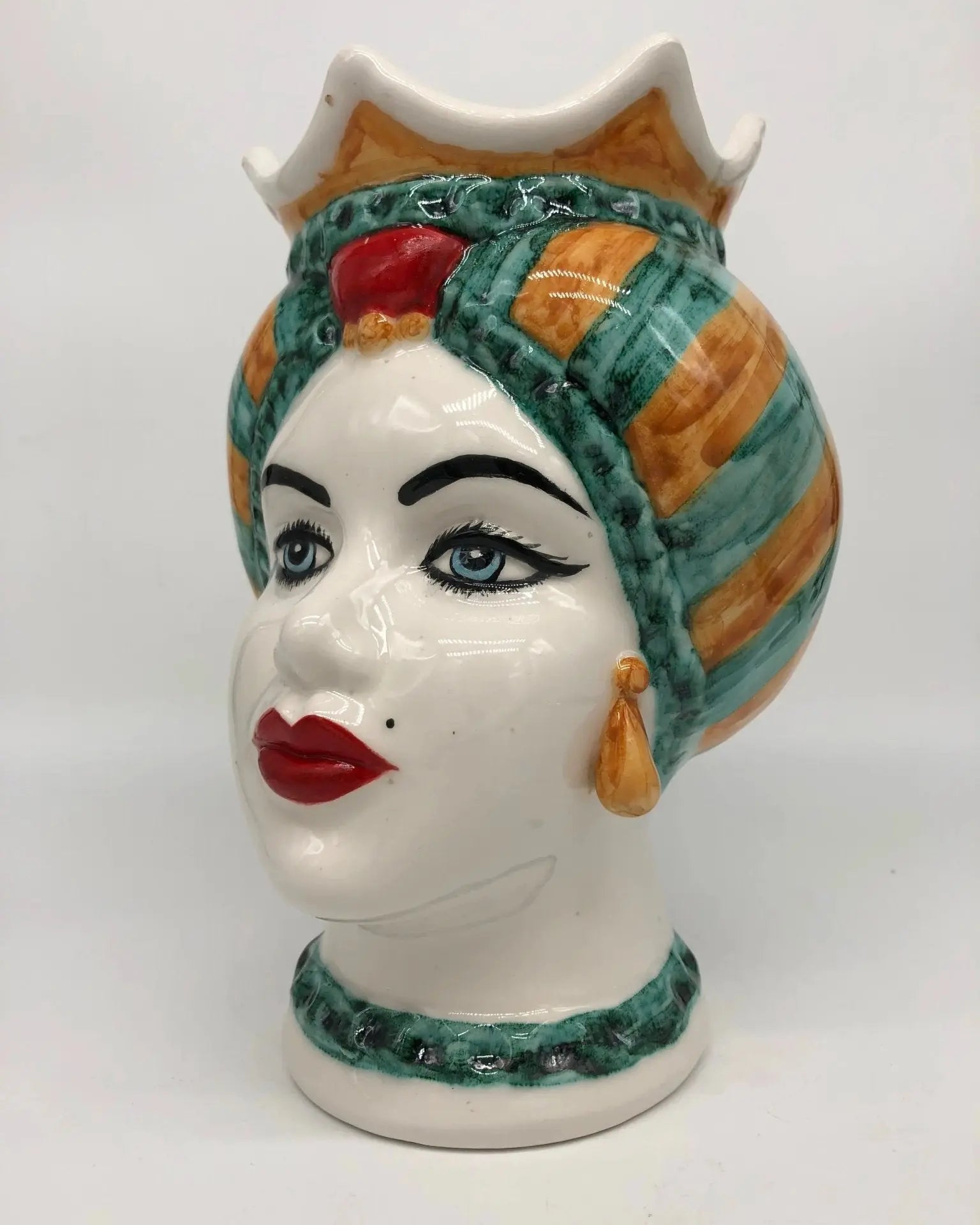 Teste di Moro Luis Ceramica Caltagirone cm H.22 L.15 Artigianale Turbante Liscio Verde Ocra Rosso - DD CERAMICHE SICILIANE