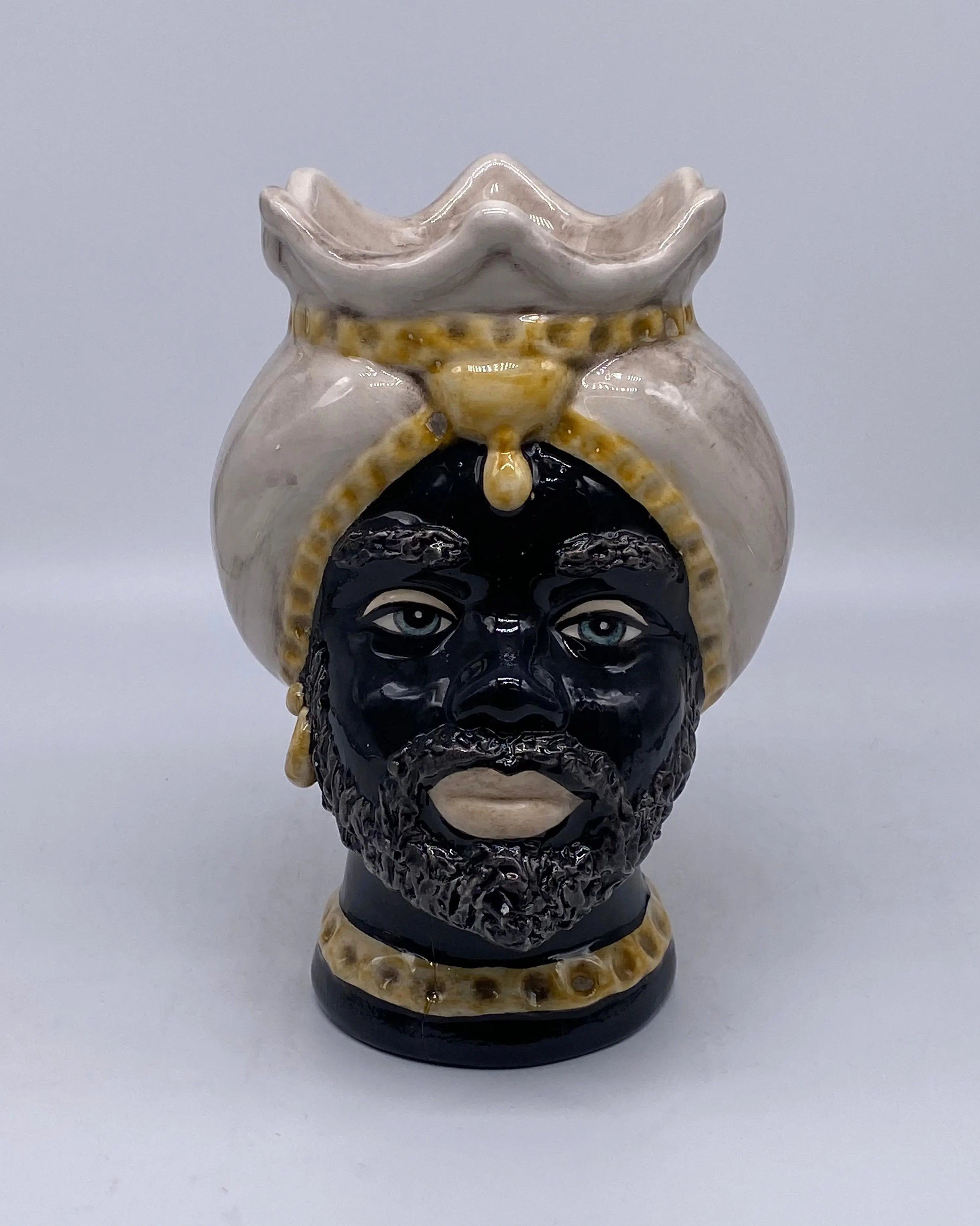 Teste di Moro Luis Ceramica Caltagirone cm H.22 L.15 Artigianale Turbante Liscio Écru Giallo DD CERAMICHE SICILIANE