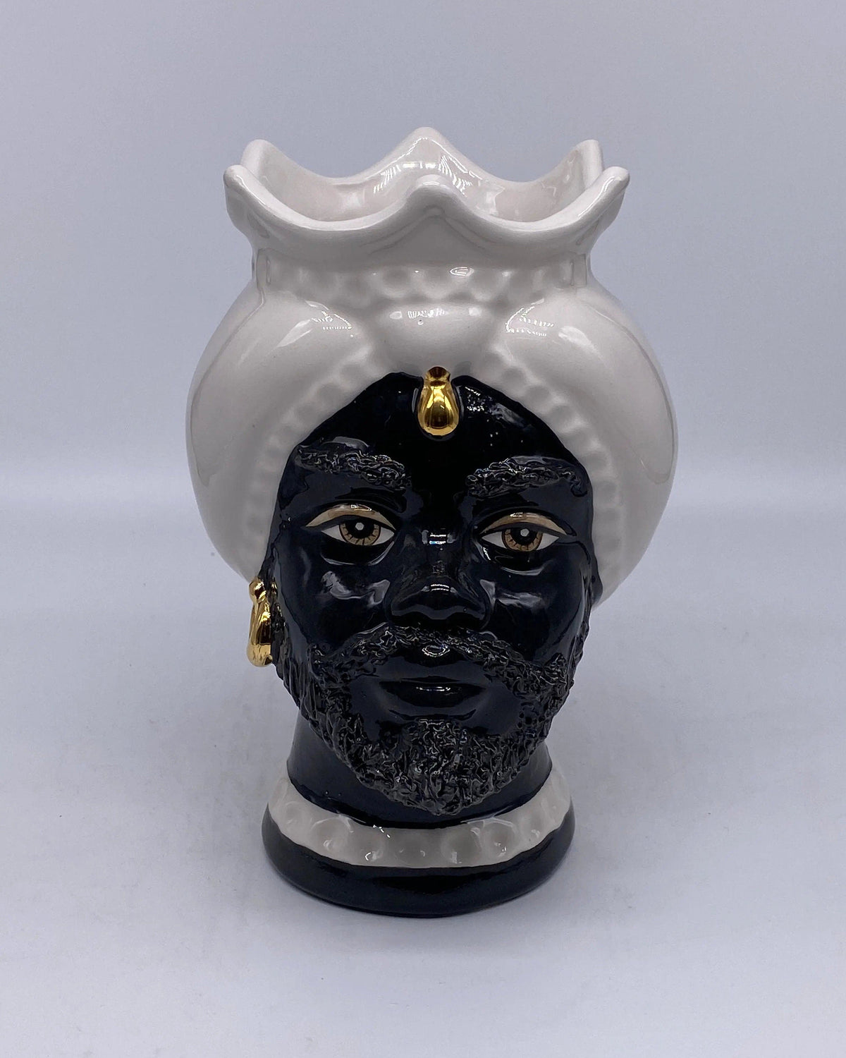 Teste di Moro Luis Ceramica Caltagirone cm H.22 L.15 Artigianale Turbante Liscio Bianco Nero Oro DD CERAMICHE SICILIANE