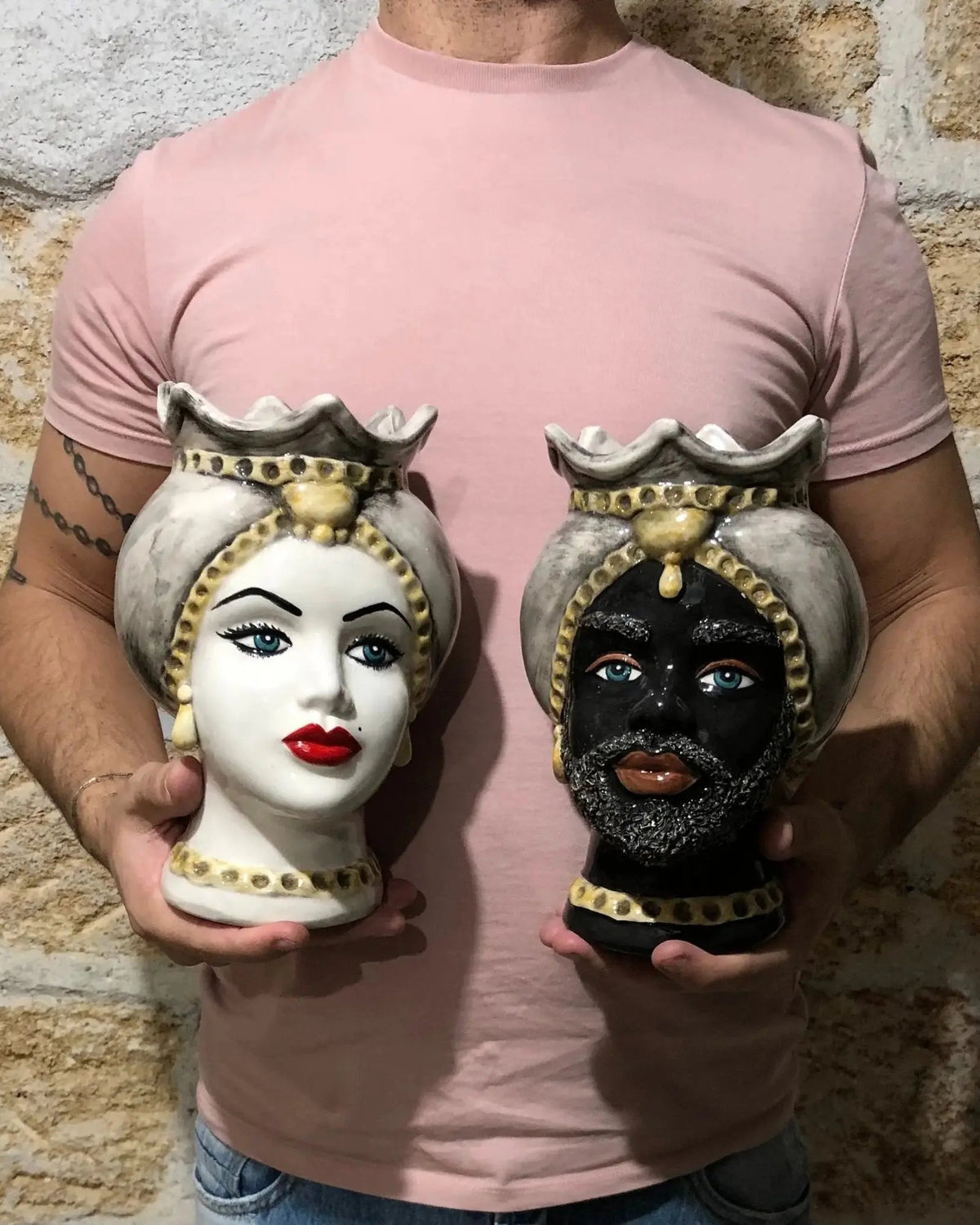 Teste di Moro Luis Ceramica Caltagirone cm H.22 L.15 Artigianale Turbante Liscio Écru Giallo - DD CERAMICHE SICILIANE