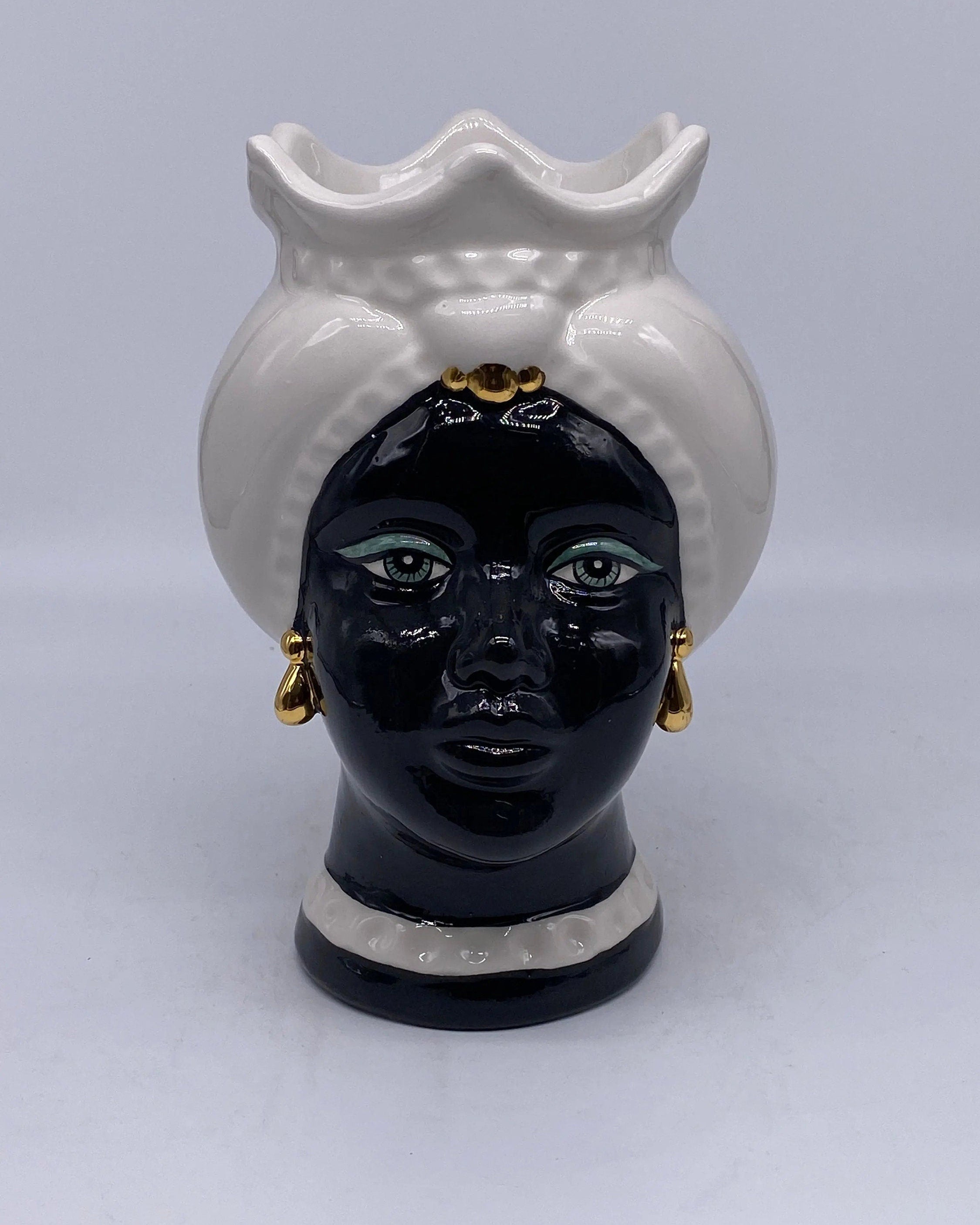 Teste di Moro Luis Ceramica Caltagirone cm H.22 L.15 Artigianale Turbante Liscio Bianco Nero Oro DD CERAMICHE SICILIANE