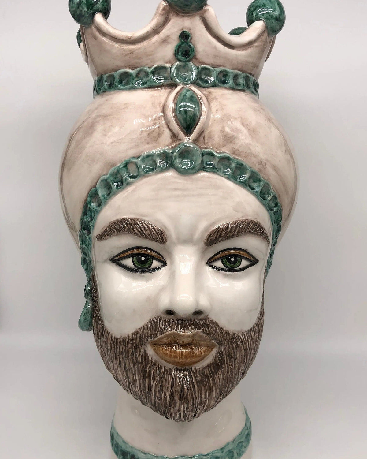 Teste di Moro Luis Ceramica Caltagirone cm H.44 L.23 Artigianale Turbante Liscio Écru Verde DD CERAMICHE SICILIANE