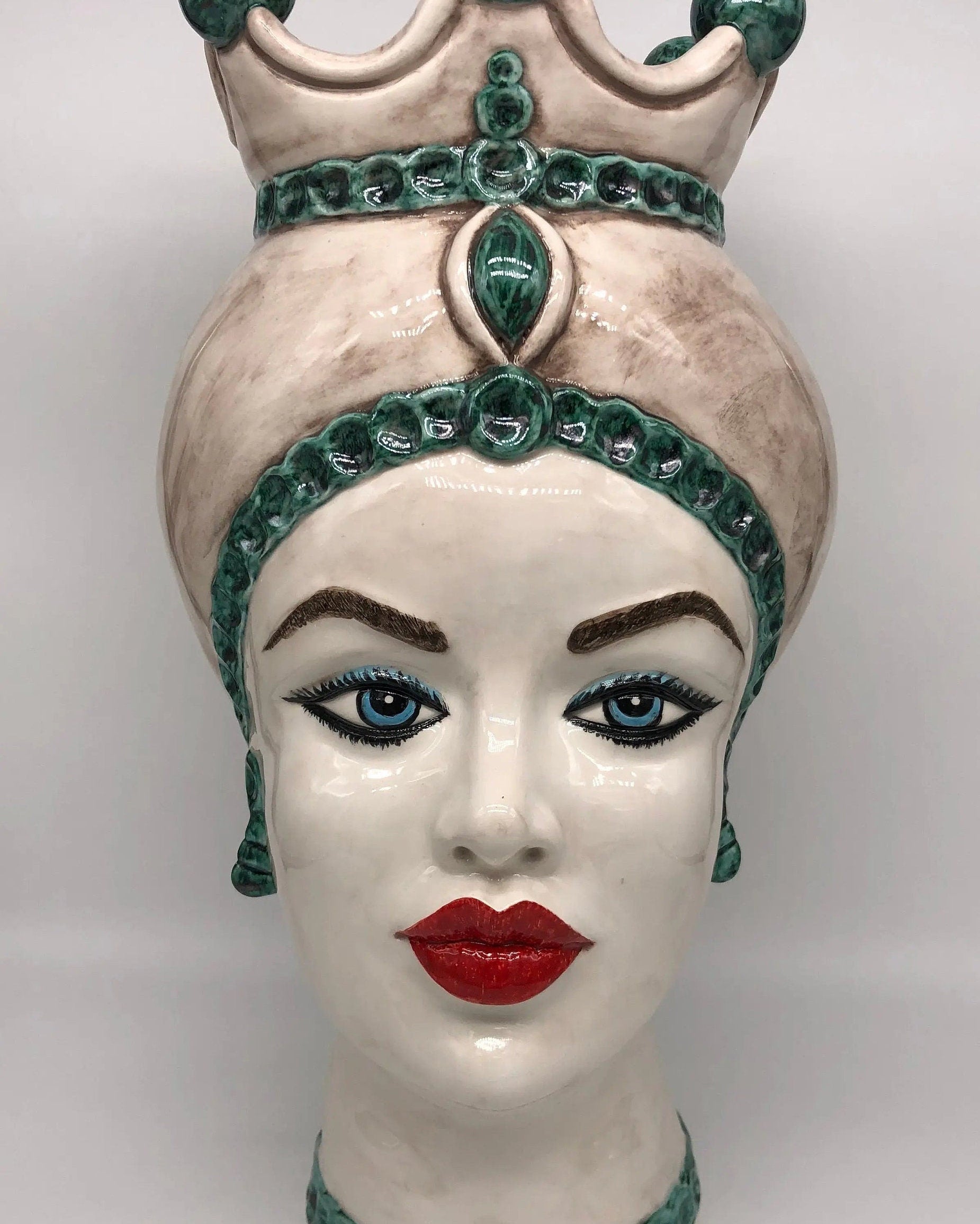 Teste di Moro Luis Ceramica Caltagirone cm H.44 L.23 Artigianale Turbante Liscio Écru Verde DD CERAMICHE SICILIANE