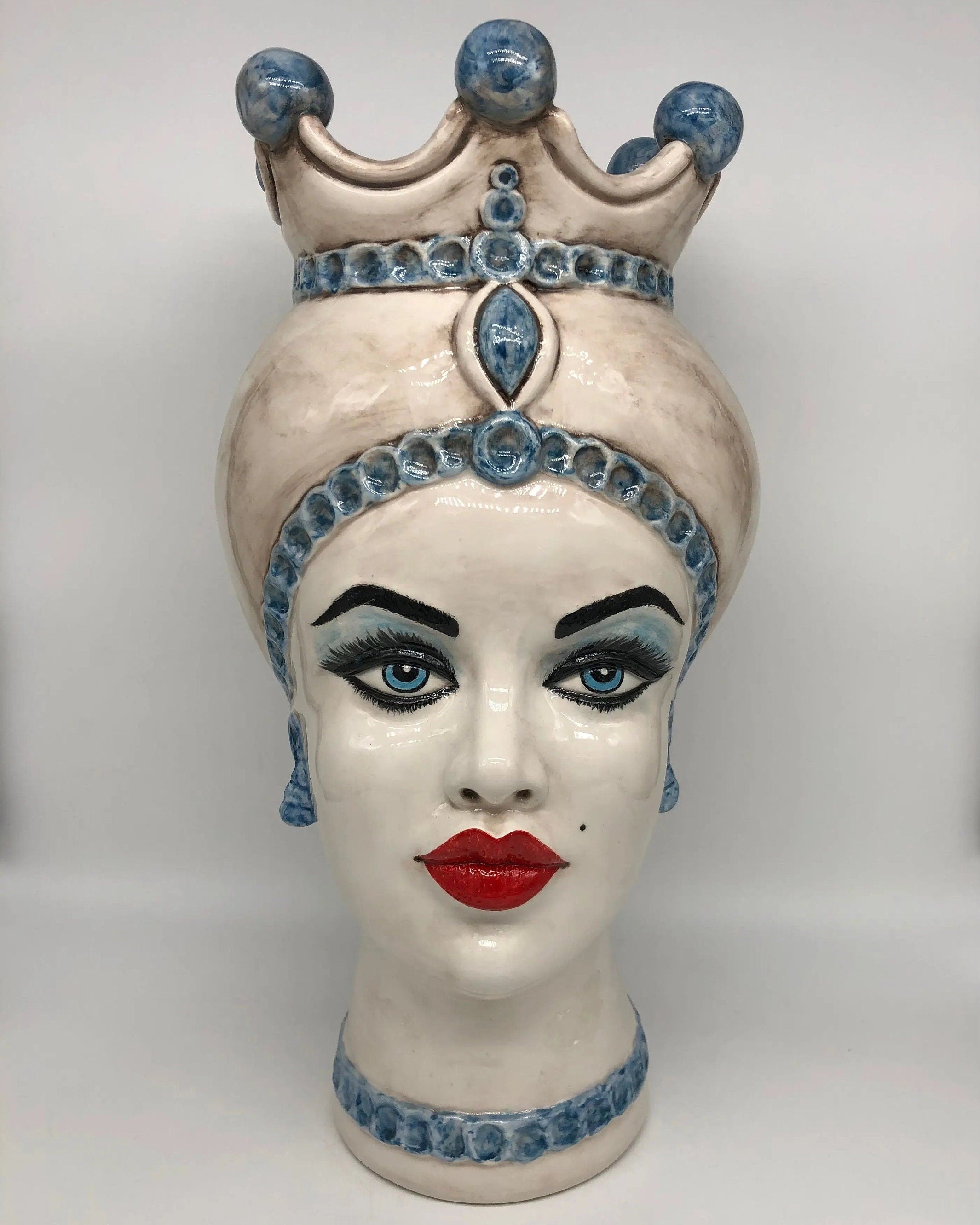 Teste di Moro Luis Ceramica Caltagirone cm H.44 L.23 Artigianale Turbante Liscio Écru Azzurro DD CERAMICHE SICILIANE