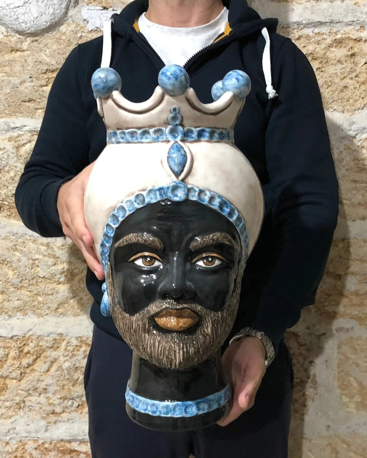 Teste di Moro Luis Ceramica Caltagirone cm H.44 L.23 Artigianale Turbante Liscio Écru Azzurro DD CERAMICHE SICILIANE