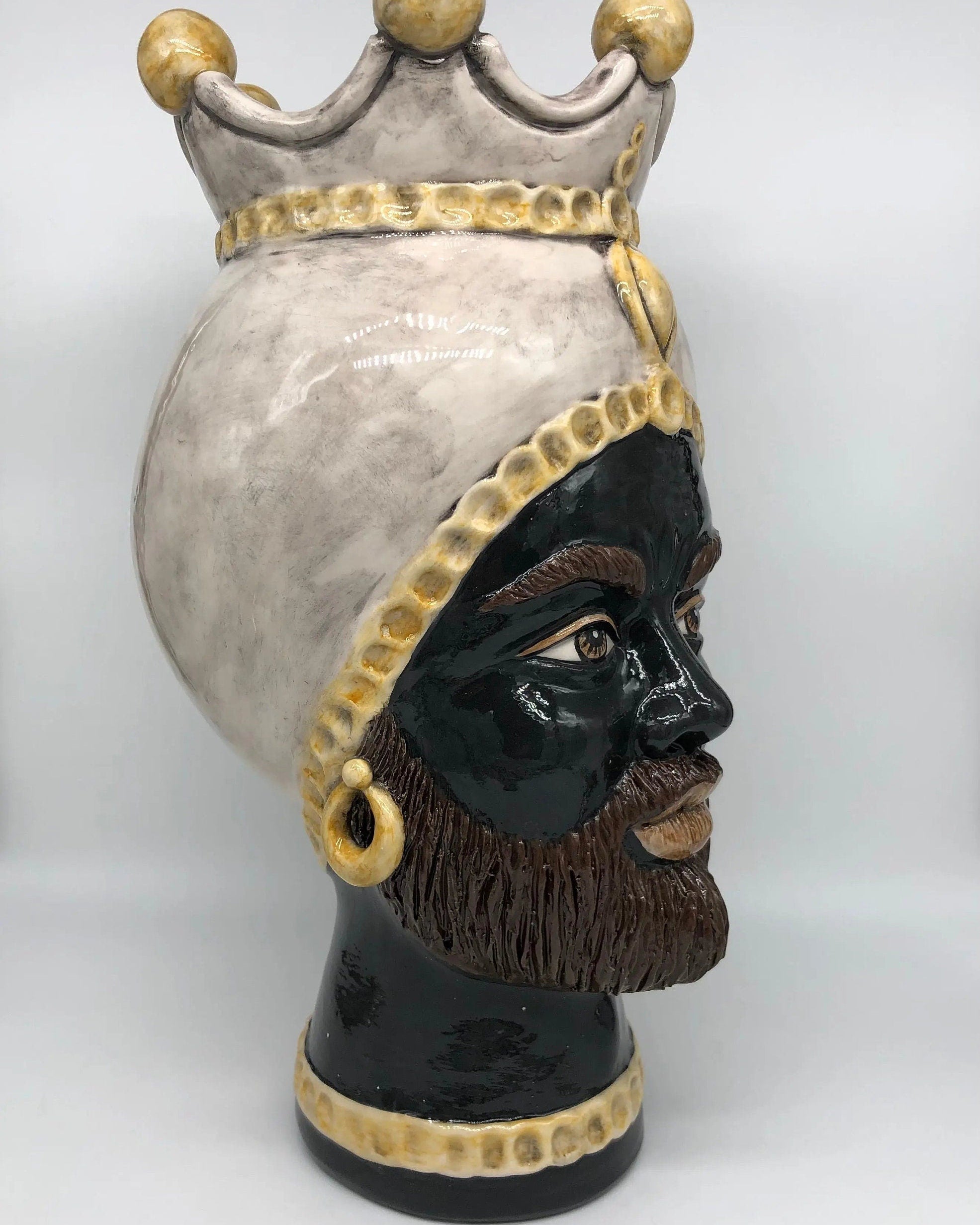 Teste di Moro Luis Ceramica Caltagirone cm H.44 L.23 Artigianale Turbante Liscio Écru Giallo DD CERAMICHE SICILIANE