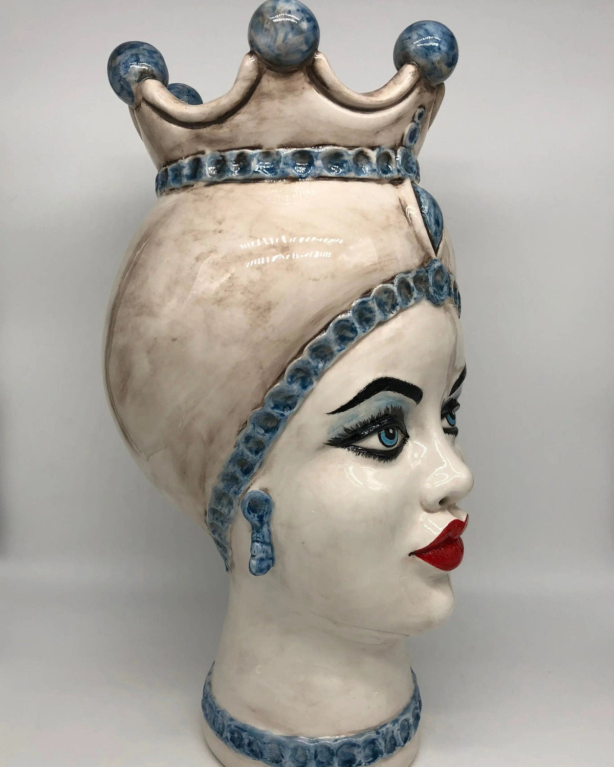 Teste di Moro Luis Ceramica Caltagirone cm H.44 L.23 Artigianale Turbante Liscio Écru Azzurro DD CERAMICHE SICILIANE