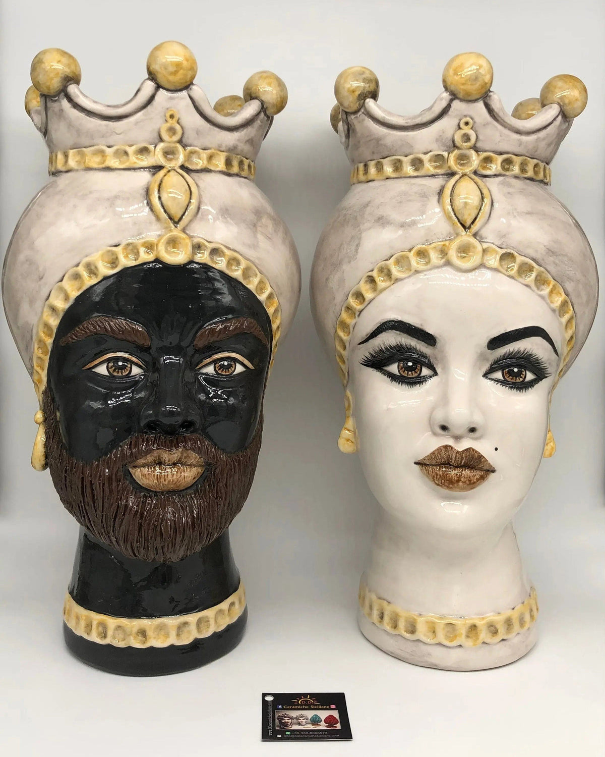 Teste di Moro Luis Ceramica Caltagirone cm H.44 L.23 Artigianale Turbante Liscio Écru Giallo DD CERAMICHE SICILIANE