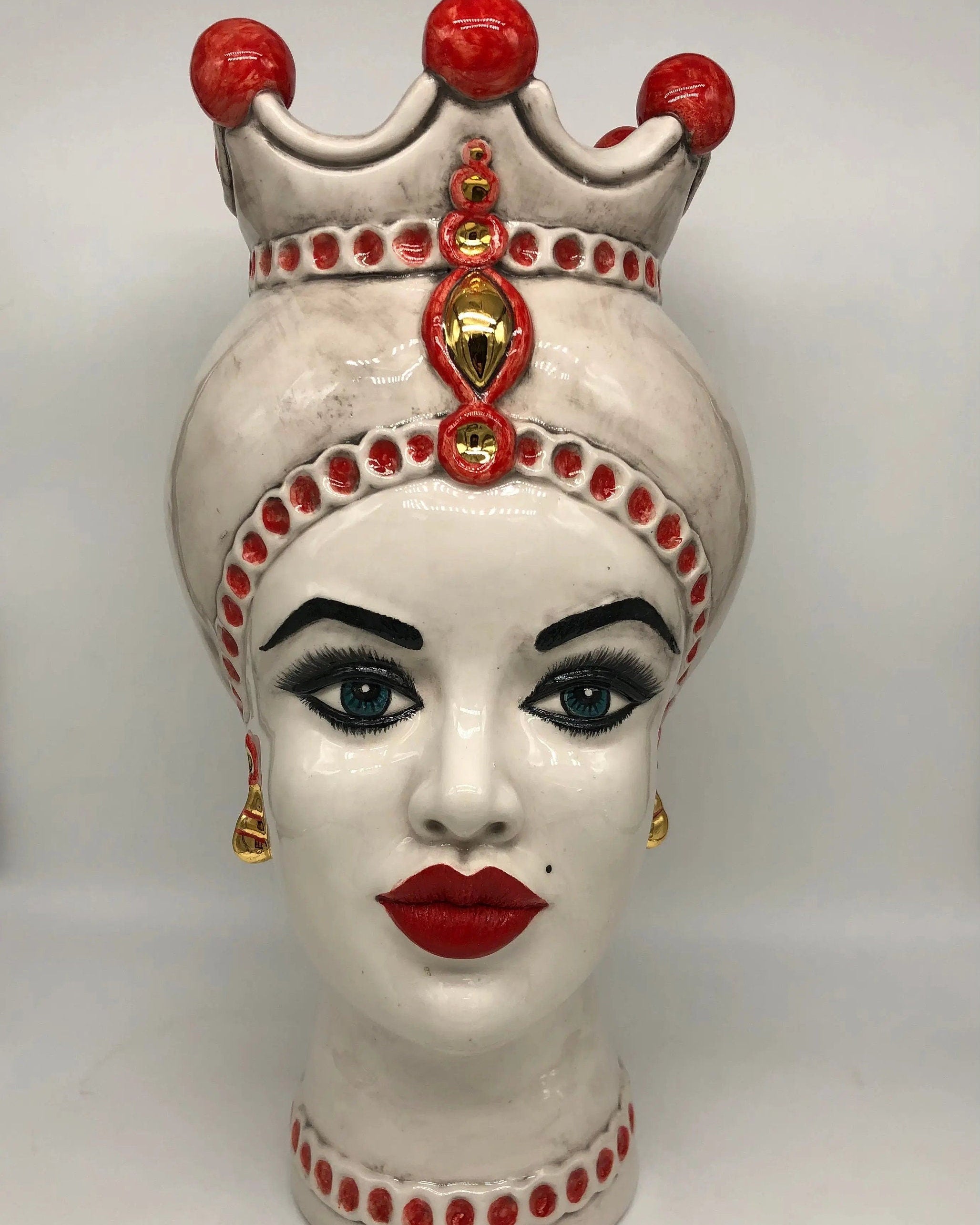 Teste di Moro Luis Ceramica Caltagirone cm H.44 L.23 Artigianale Turbante Liscio Écru Rosso Oro DD CERAMICHE SICILIANE