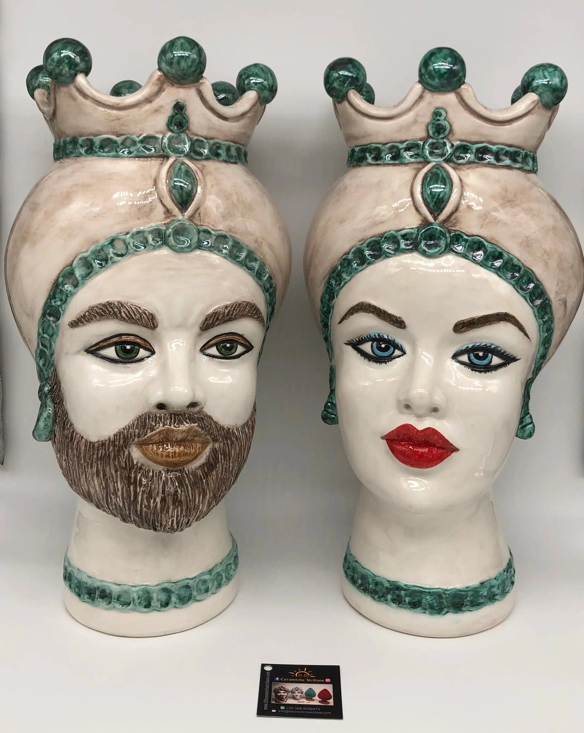 Teste di Moro Luis Ceramica Caltagirone cm H.44 L.23 Artigianale Turbante Liscio Écru Verde DD CERAMICHE SICILIANE