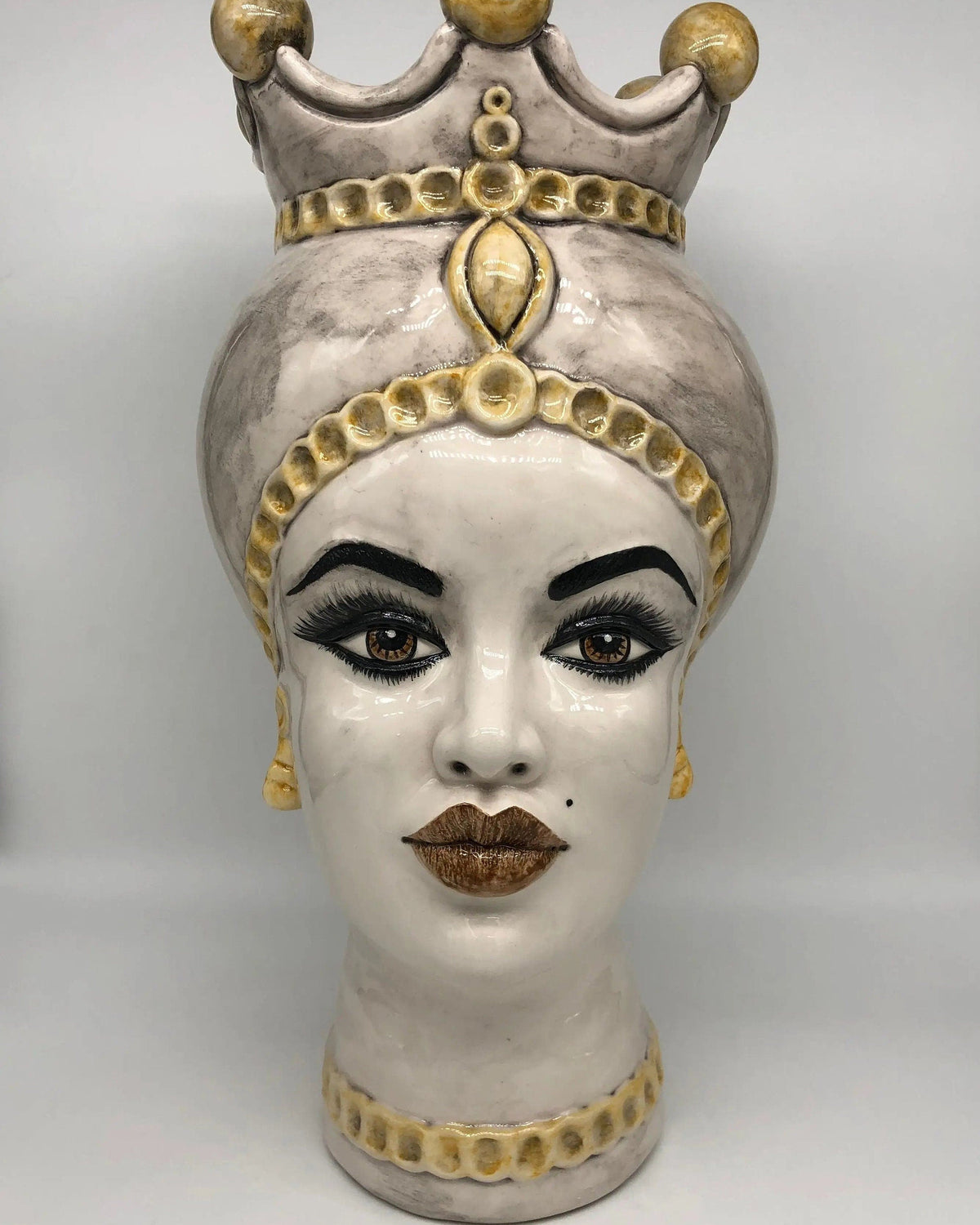 Teste di Moro Luis Ceramica Caltagirone cm H.44 L.23 Artigianale Turbante Liscio Écru Giallo DD CERAMICHE SICILIANE