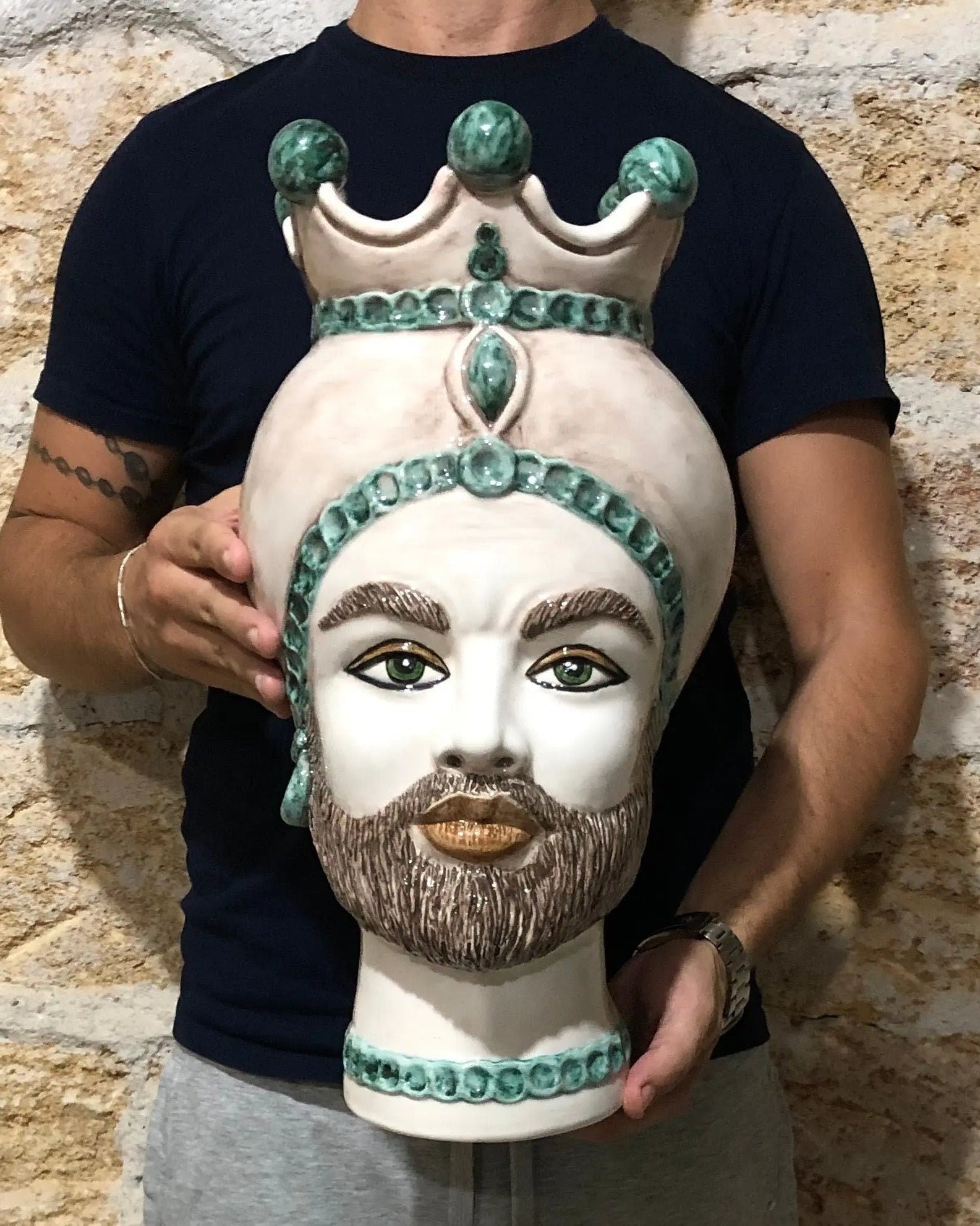 Teste di Moro Luis Ceramica Caltagirone cm H.44 L.23 Artigianale Turbante Liscio Écru Verde DD CERAMICHE SICILIANE
