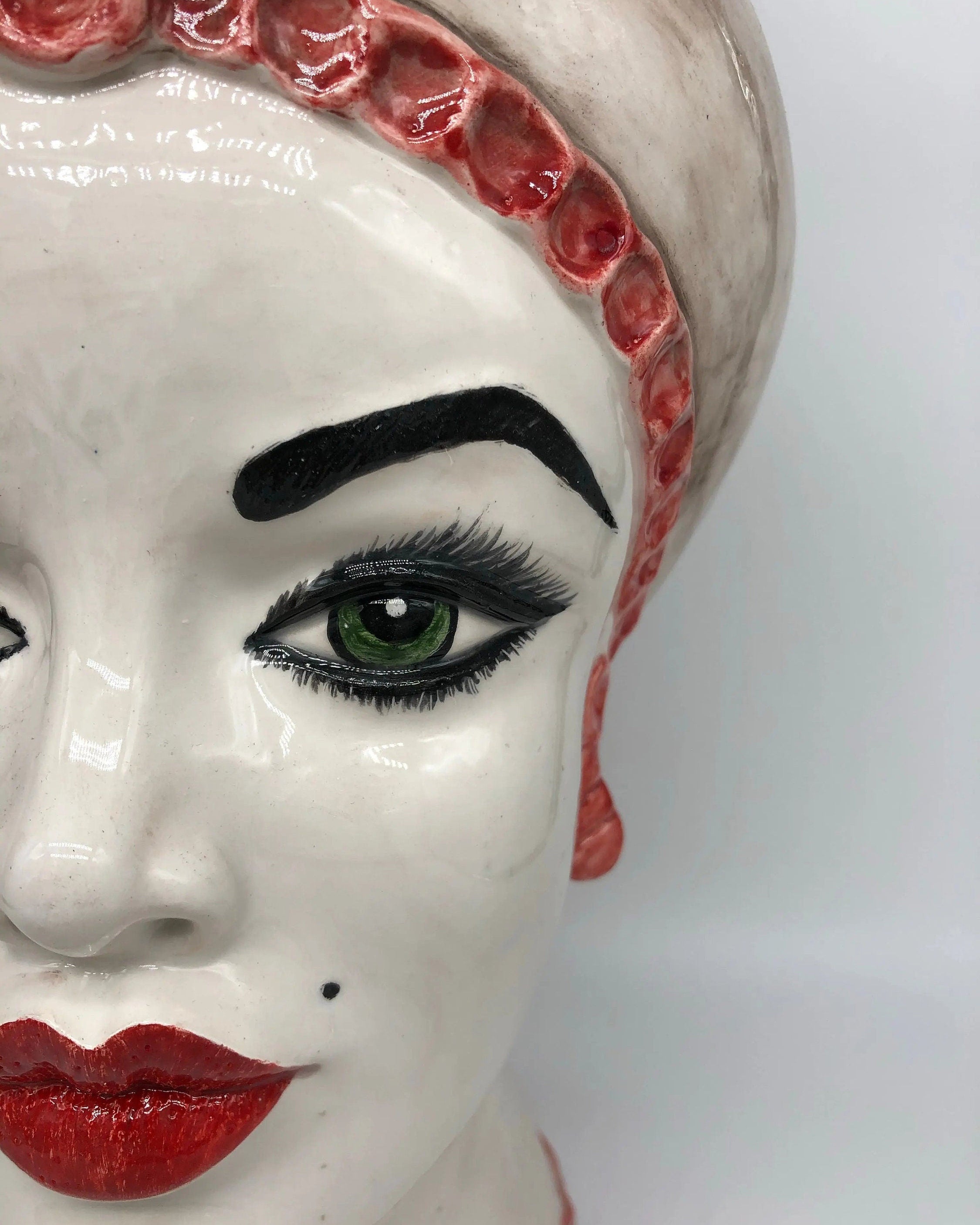 Teste di Moro Luis Ceramica Caltagirone cm H.44 L.23 Artigianale Turbante Liscio Écru Rosso DD CERAMICHE SICILIANE