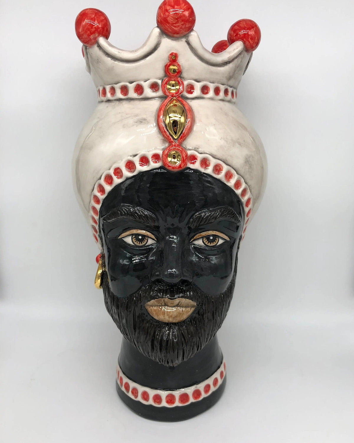 Teste di Moro Luis Ceramica Caltagirone cm H.44 L.23 Artigianale Turbante Liscio Écru Rosso Oro DD CERAMICHE SICILIANE