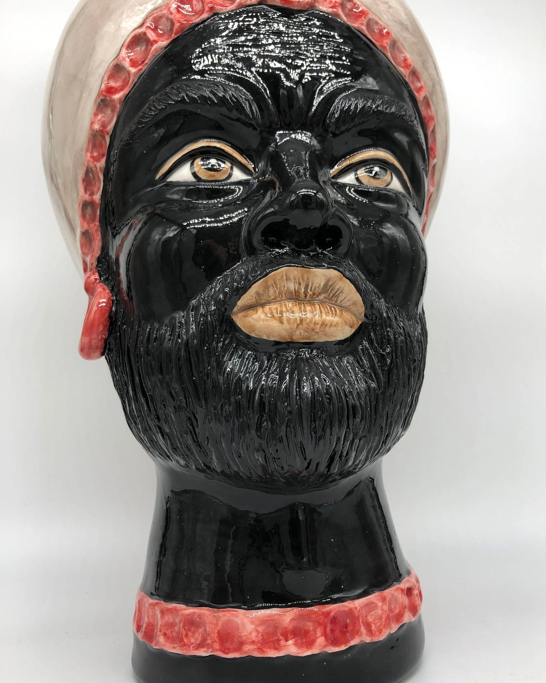 Teste di Moro Luis Ceramica Caltagirone cm H.44 L.23 Artigianale Turbante Liscio Écru Rosso DD CERAMICHE SICILIANE