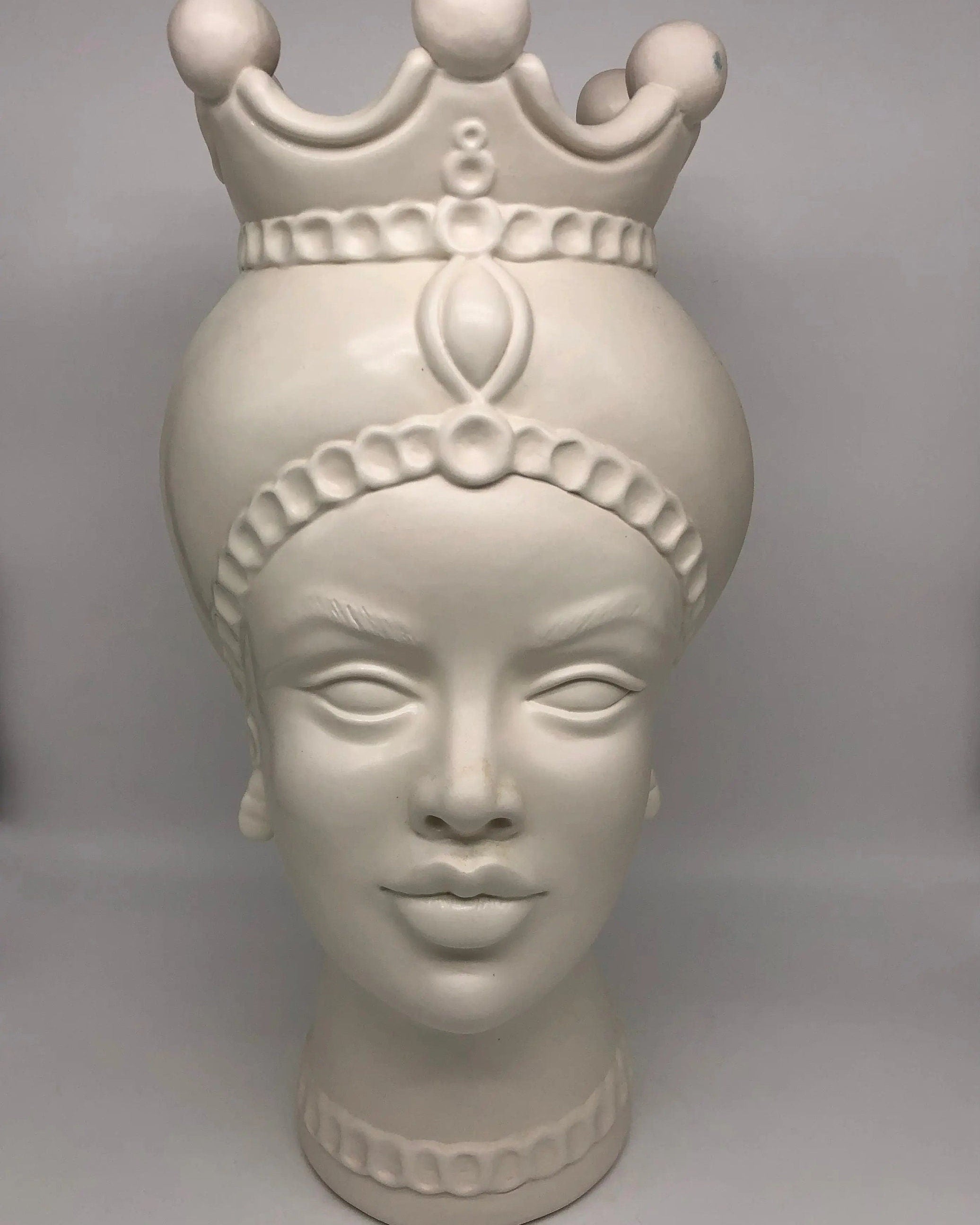 Teste di Moro Luis Ceramica Caltagirone cm H.44 L.23 Artigianale Turbante Liscio Bianco Opaco DD CERAMICHE SICILIANE