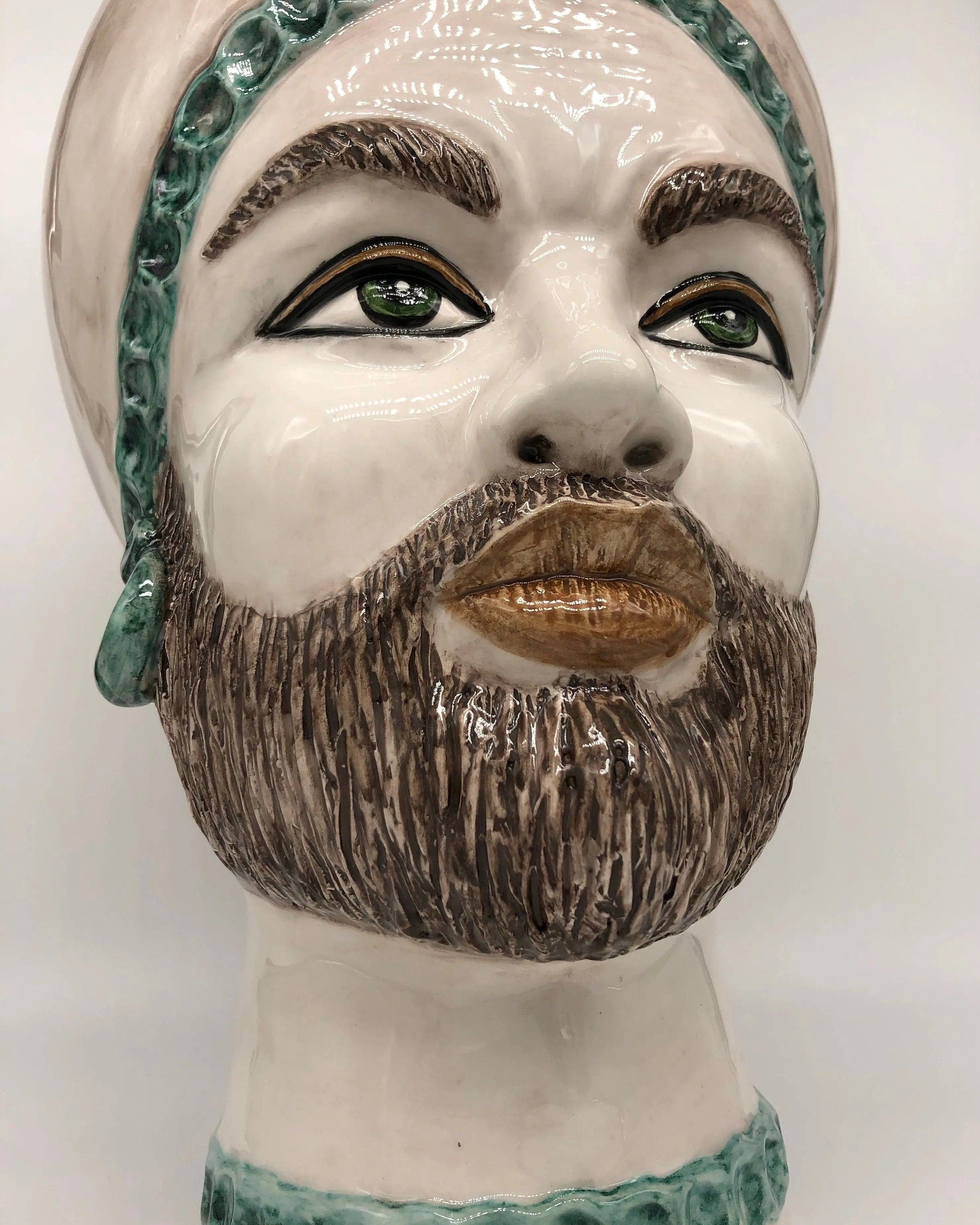 Teste di Moro Luis Ceramica Caltagirone cm H.44 L.23 Artigianale Turbante Liscio Écru Verde DD CERAMICHE SICILIANE