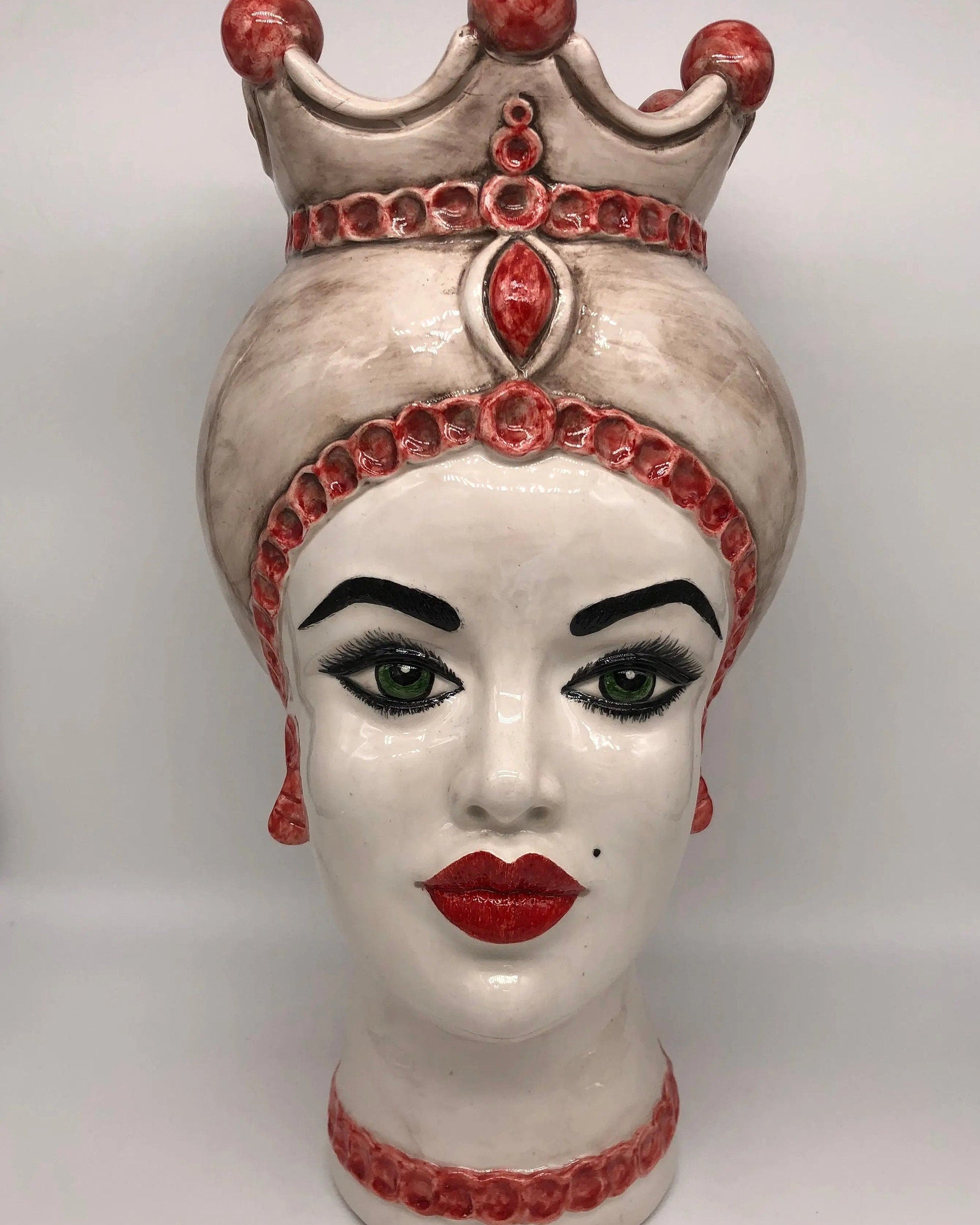 Teste di Moro Luis Ceramica Caltagirone cm H.44 L.23 Artigianale Turbante Liscio Écru Rosso DD CERAMICHE SICILIANE